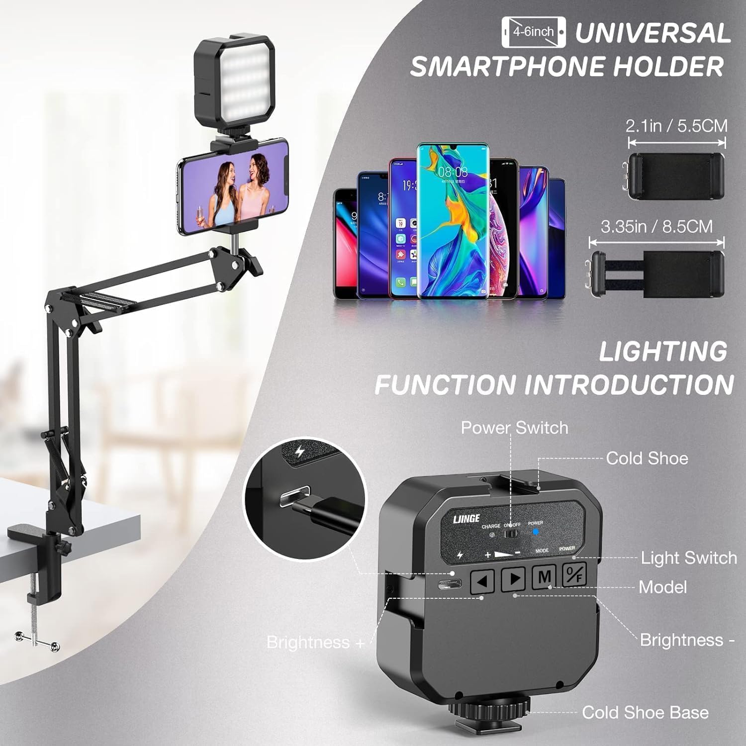 Ljinge Overhead Phone Mount, Articulating Arm Cell Phone Holder With Led Light, Flexible Phone Stand For Live Streaming, Video Recording, Painting Lighting, Cooking