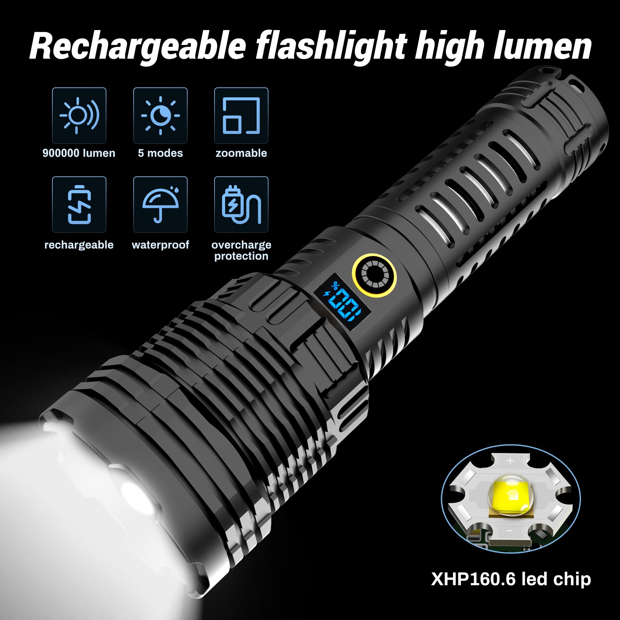 Alifa Flashlights High Lumens,Brightest Led Rechargeable Flashlight 900000 Lumens, 5 Modes,Power Display, Ip65 Waterproof, Zoomable, Handheld Powerful Flash Lights Xhp160.6 For Emergencies Camping