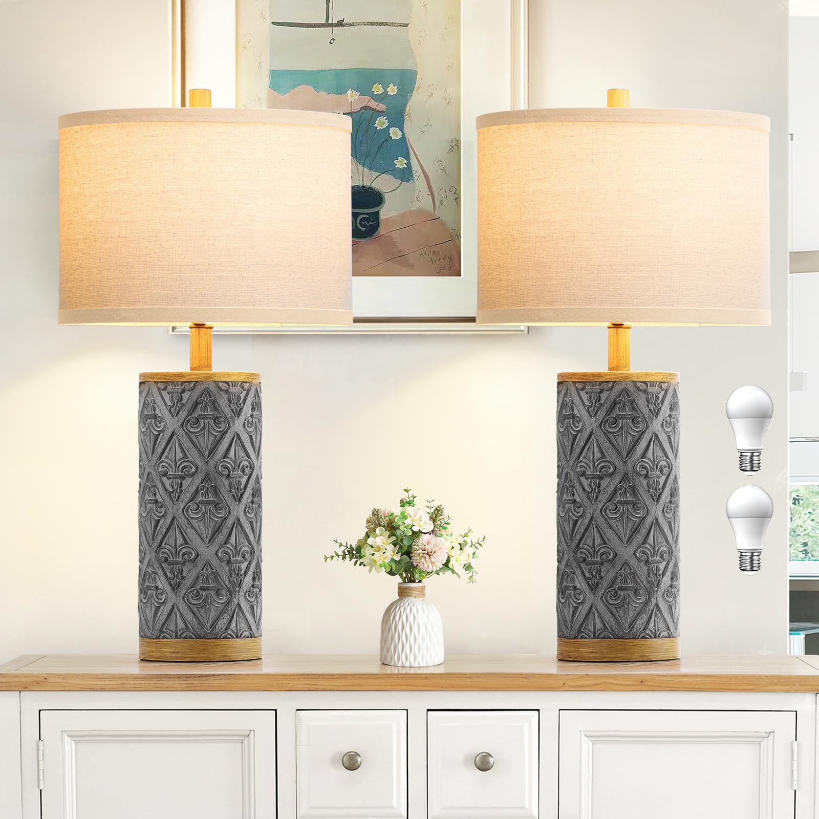 Spclsim 24.8" Farmhouse Table Lamps For Bedrooms Set Of 2, End Table Lamps For Living Room, Rustic Traditional Bedside Nightstand Lamps With Dark-Grey Resin Body Beige Shade, Bulbs Included