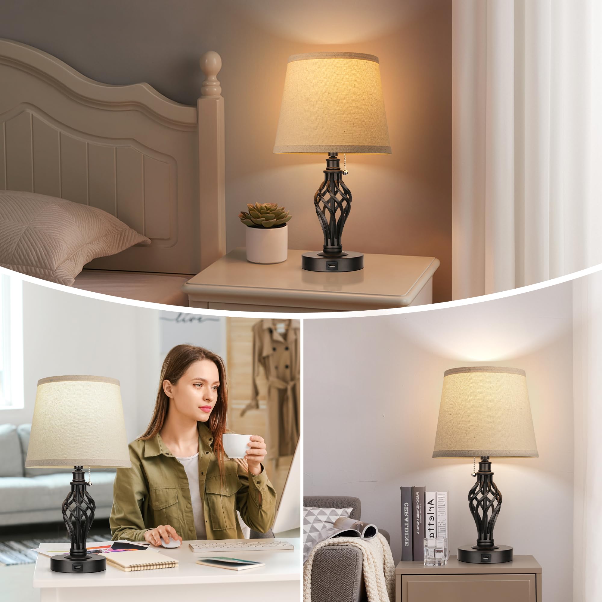 Partphoner Table Lamps Set Of 2, Farmhouse Bedside Lamps With Usb Ports, Nightstand Lamp Cream Drum Shade Spiral Cage Base Desk Lamps For Living Room Bedroom Study Room Without Bulb