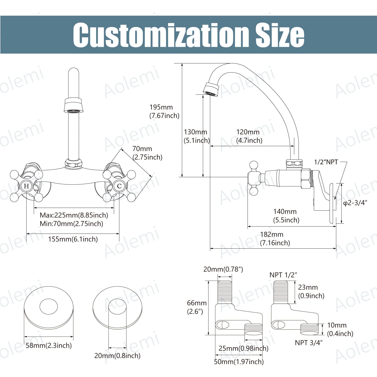 Aolemi Wall Mount Kitchen Faucet 6 Inch Center With Swivel Spout Adjustable Spread 2 Cross Handle Basin Sink Mixer Tap, Brushed Nickel, H&C Label