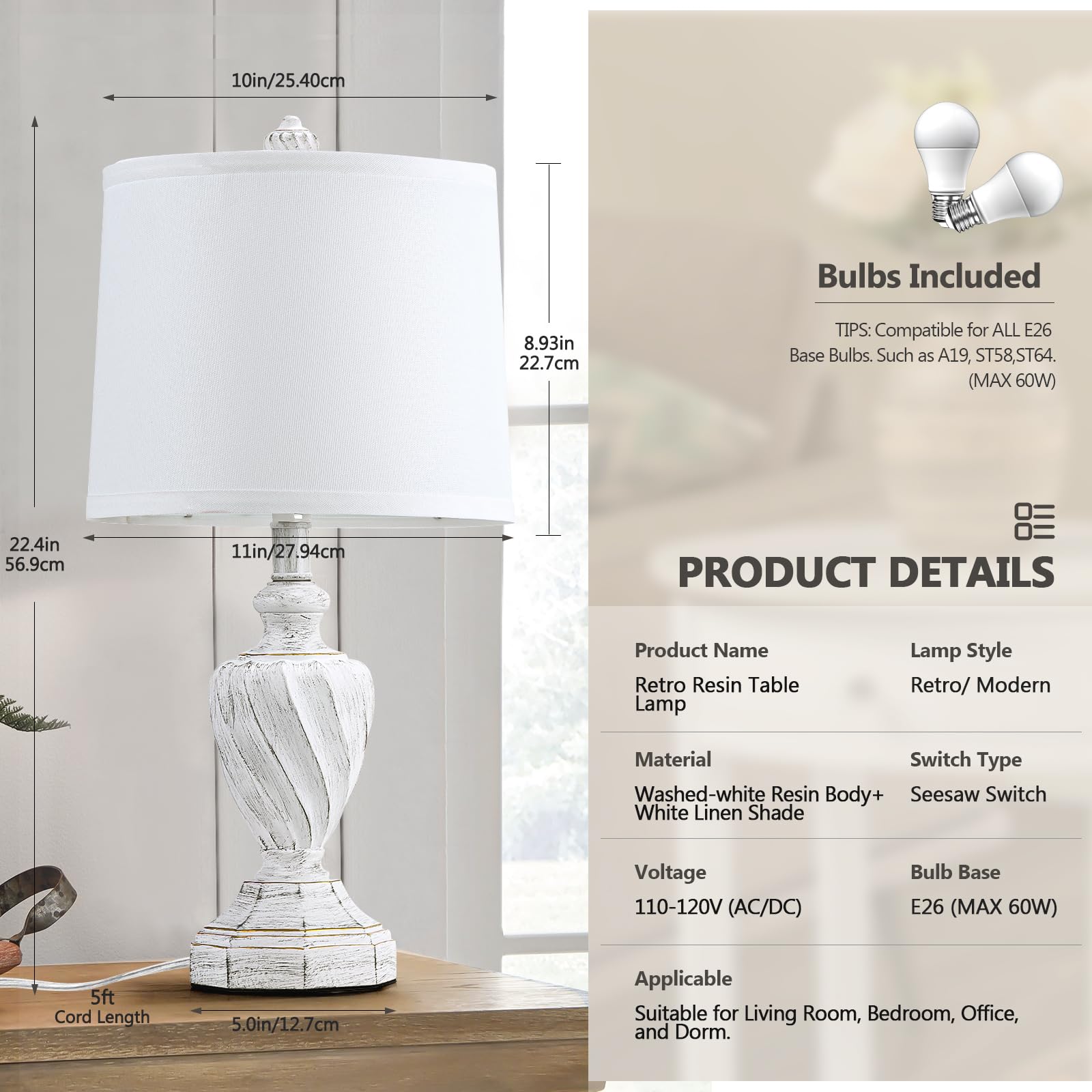 Spclsim 22.4" Farmhouse Table Lamps For Bedrooms Set Of 2, Rustic Resin End Table Lamps For Living Room Gold Trim Base, Bedside Nightstand Lamps, Bulbs Included