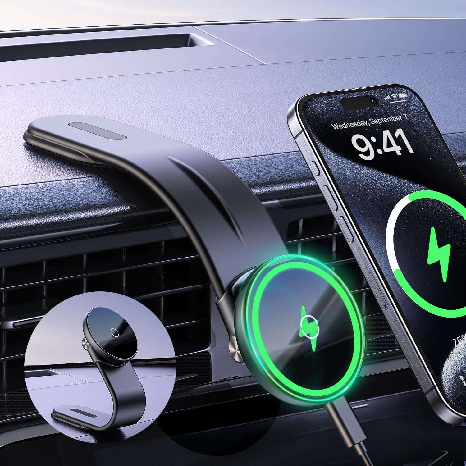 Arshot For Magsafe Car Mount Charger 15W Adjustable Aluminum Alloy Arm, Magnetic Wireless Fast Charging Cell Phone Holder For Car & For Iphone