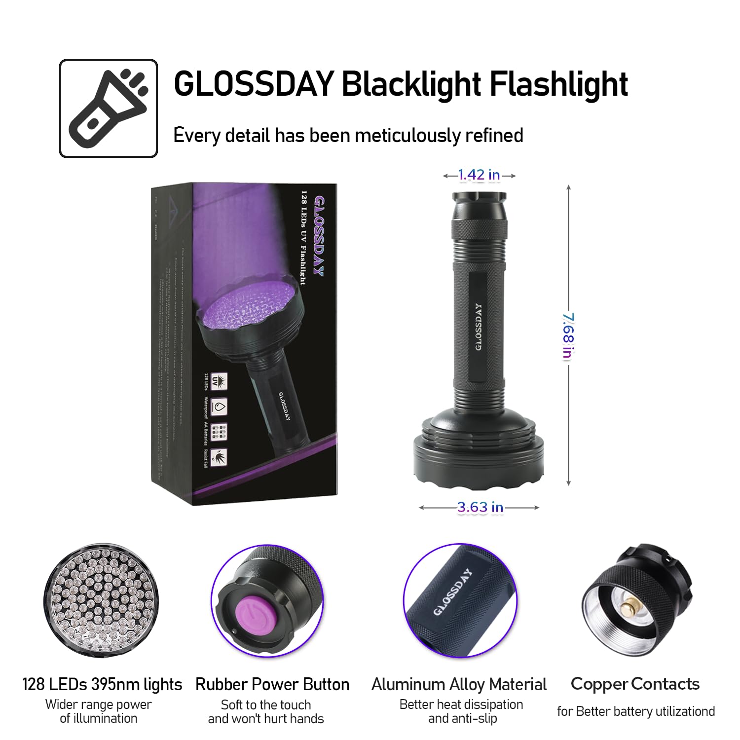 Glossday Blacklight Flashlight,128 Led Uv Flashlights, Bright Ultraviolet Flashlight Professional Black Light For Dog/Cat, Hunting Scorpions