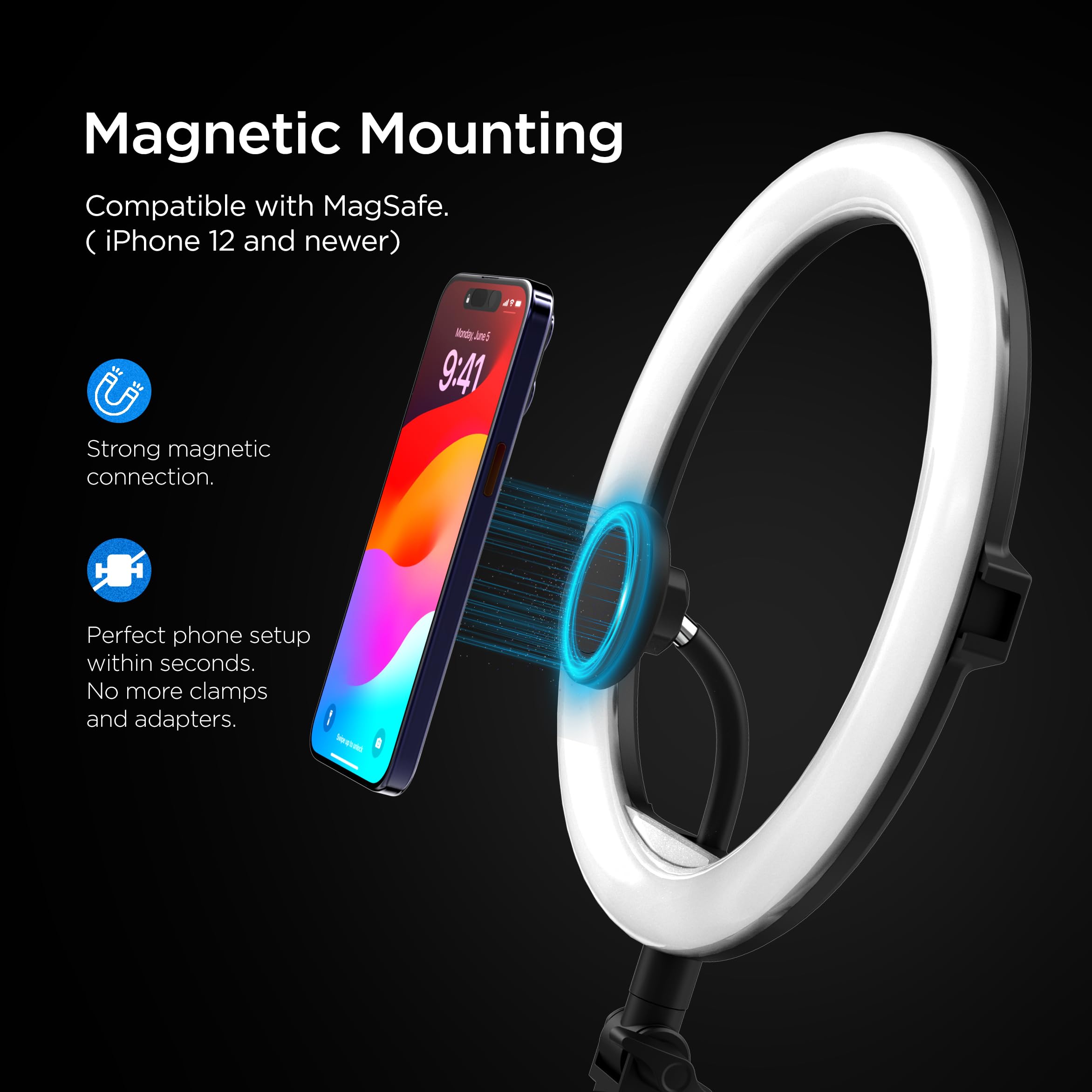 Galvanox Magnetic Ring Light Stand For Iphone Content Creators - Compatible With Magsafe Magnet Phone Holder, 63" Extendable Folding Portable Tripod (Adjustable Tone/Brightness)