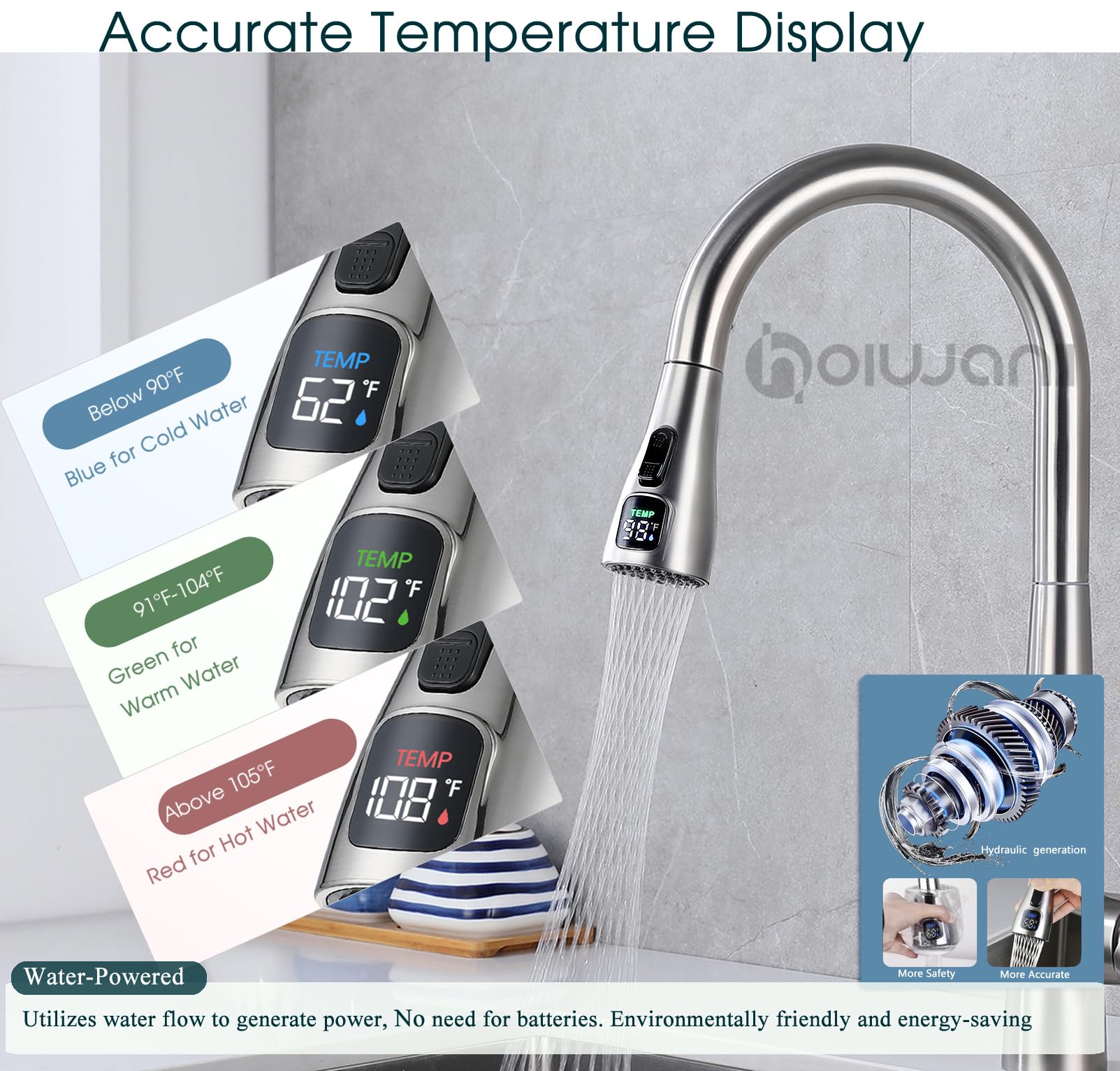 Hoiwanii Kitchen Faucet Head Replacement, Led Temperature Display Kitchen Spray Head, Pull Down Pull Out Faucet Sprayer Nozzle,Brushed Nickel