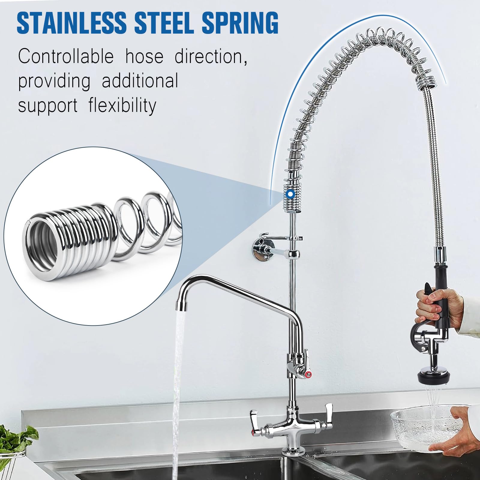 Bzimak 21" Height Commercial Sink Faucet Deck Mount With Pre-Rinse Sprayer, Commercial Kitchen Faucet With 8" Add-On Swing Spout Faucet & Spring Pull Down Sprayer, 8" Adjustable Center Kitchen Faucet