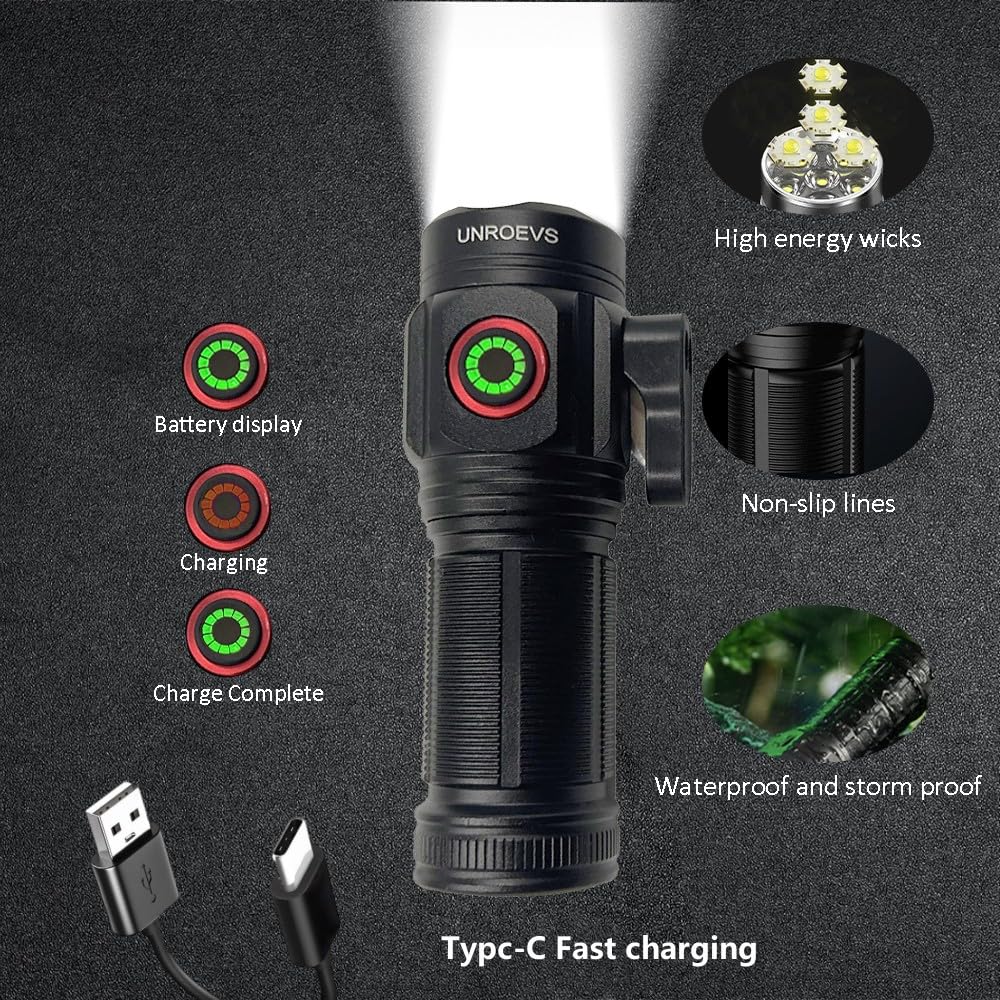 Unroevs Xc02 Mini Flashlight Rechargeable With Seatbelt Cutter,Pocket Flashlights High Lumens 5 Modes,Small Flashlights Powerful With Tail Magnet,Flash Light For Edc Carry,Outdoor.