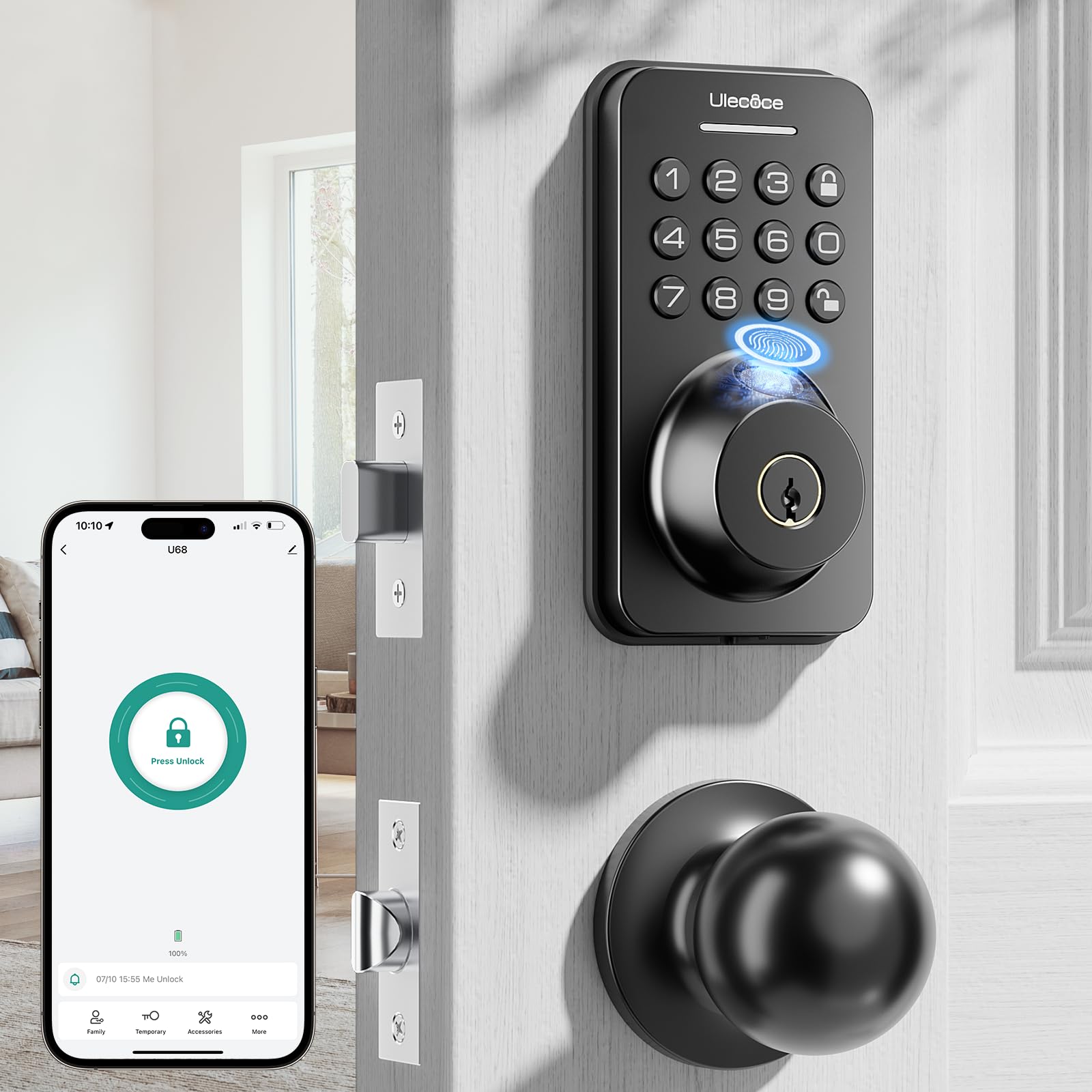 Ulecoce Fingerprint Keypad Deadbolt With Handle Set, Keyless Entry Door Lock, Door Locks For Front Door Lock Set, App Control, Auto Locking, Easy To Install, Matte Black