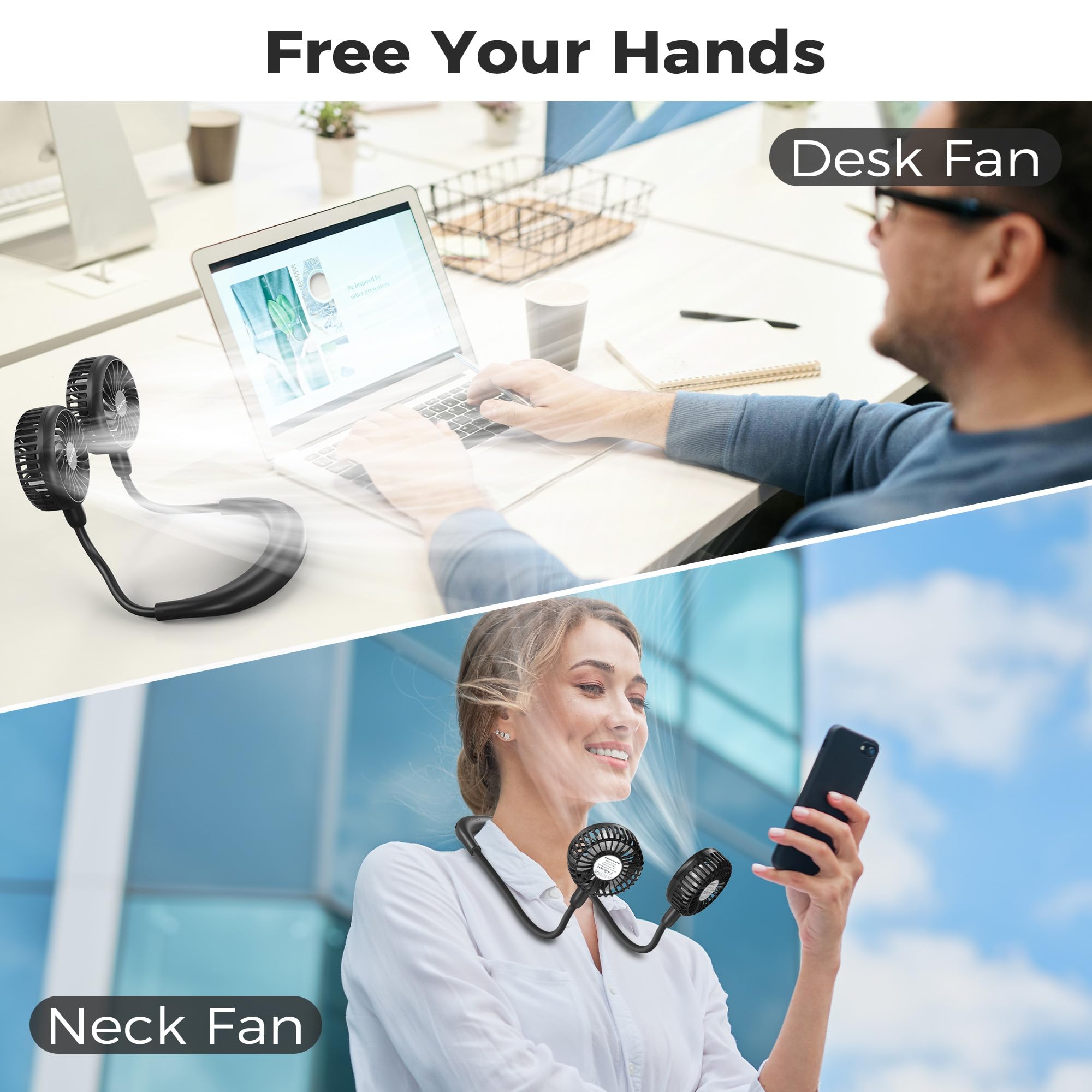 Comlife Portable Neck Fan, 5000Mah Rechargeable Battery Powered, 3 Speeds, 360°Adjustable