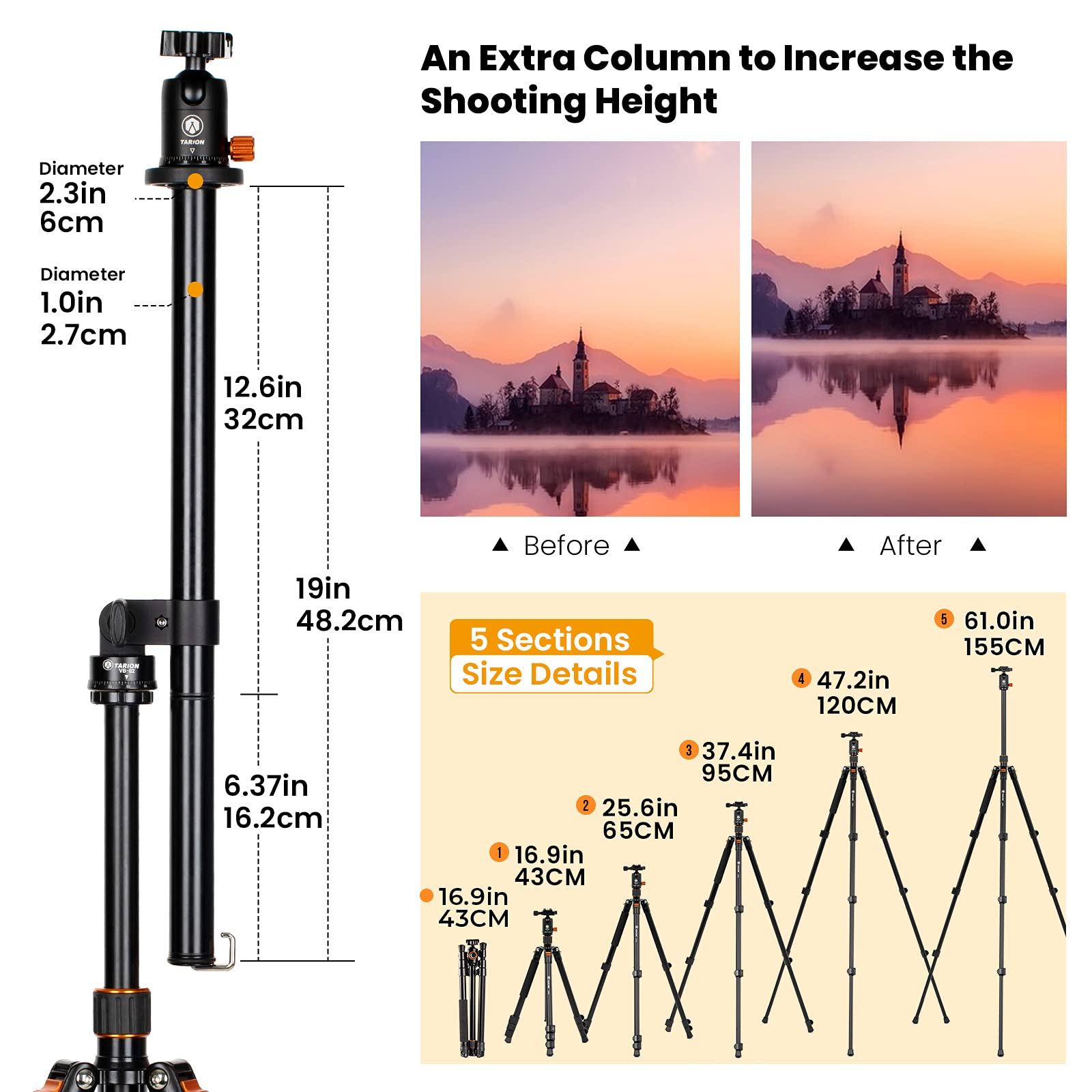 Tarion Camera Tripod Monopod 61" Panorama Ball Head Foldable With 12.6" Horizontal Tripod Extension Arm Boom And Counterweight Sandbag For Overhead Photography And Filming