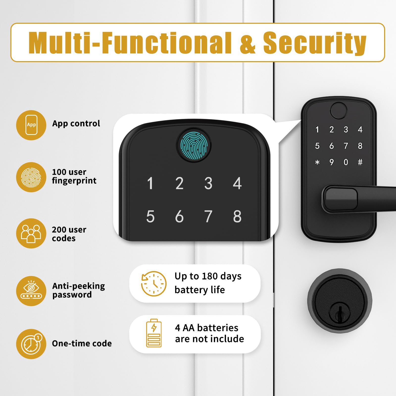 Olumat Smart Lock Gateway: Keyless Entry Door Lock With Keypad, Fingerprint, And App Control - Biometric Home Security (Black)