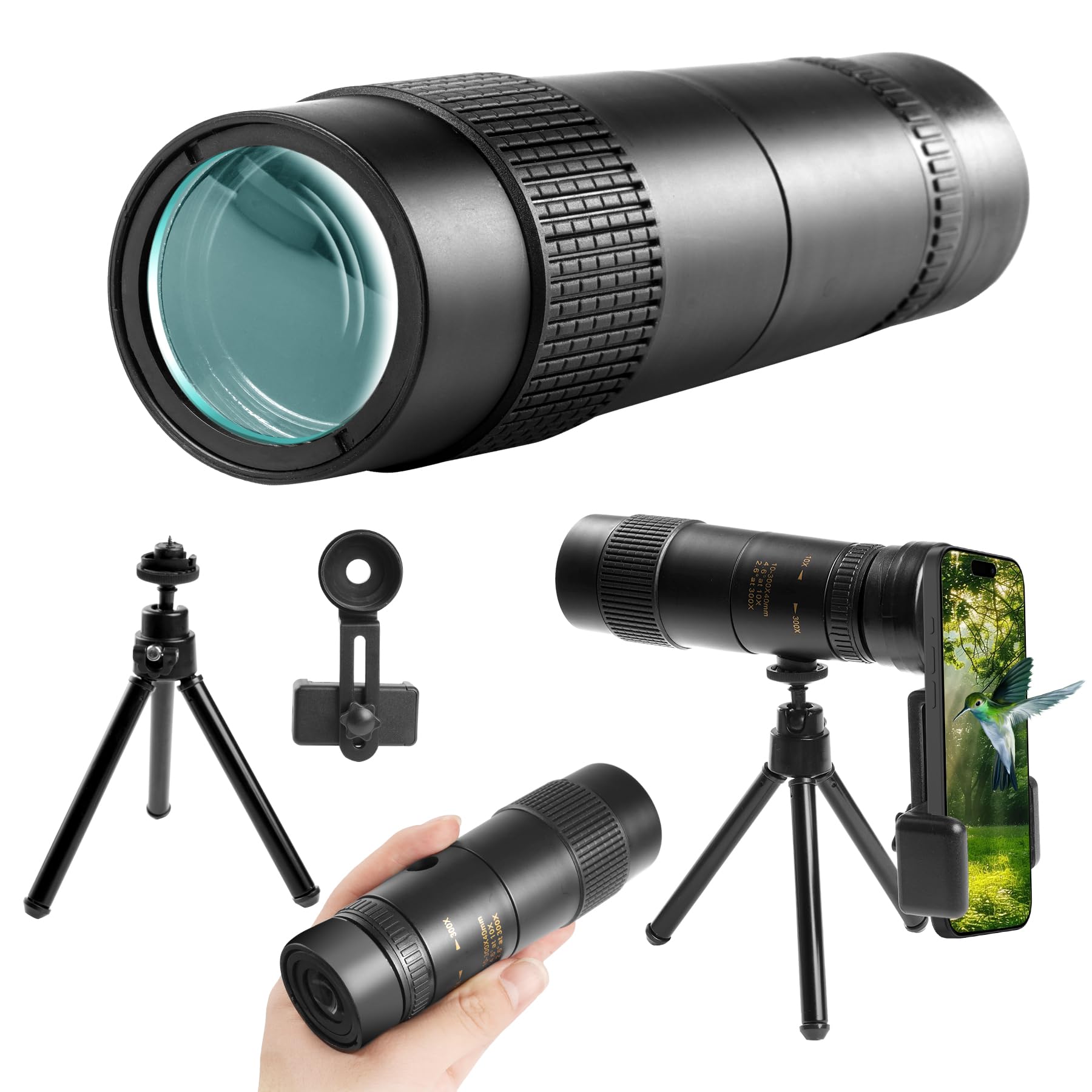 Vohezpt 10-300X40 Military Telescope - Monoculars For Adults High Powered, Compact Monocular Telescope For Hunting, Star Gazing, Bird Watching, Travel (Smartphone Adapter & Tripod Include)