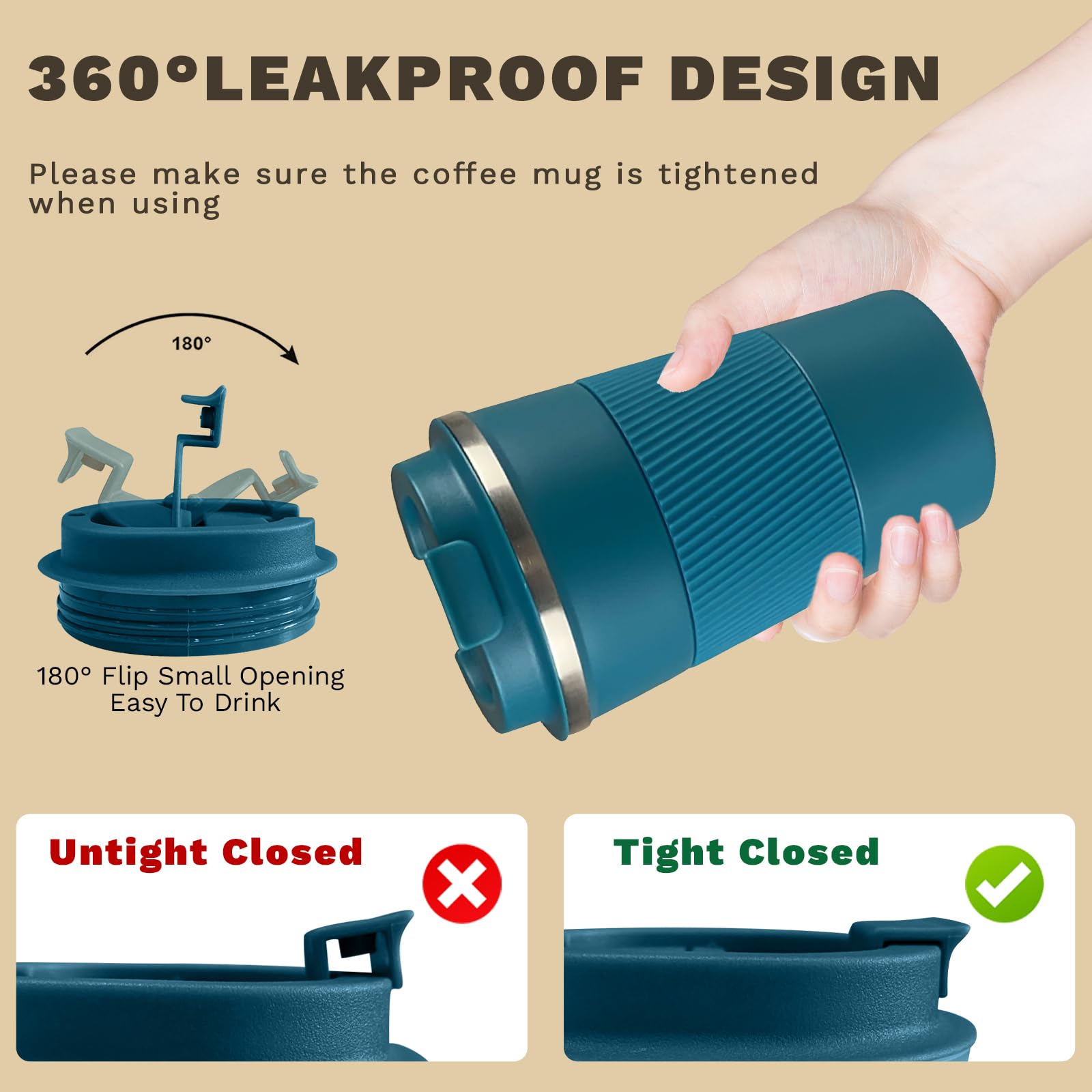 Vacuum-Insulated Stainless Steel Travel Coffee Mug, Leak-Proof Reusable Coffee Cup With Lid - Keep