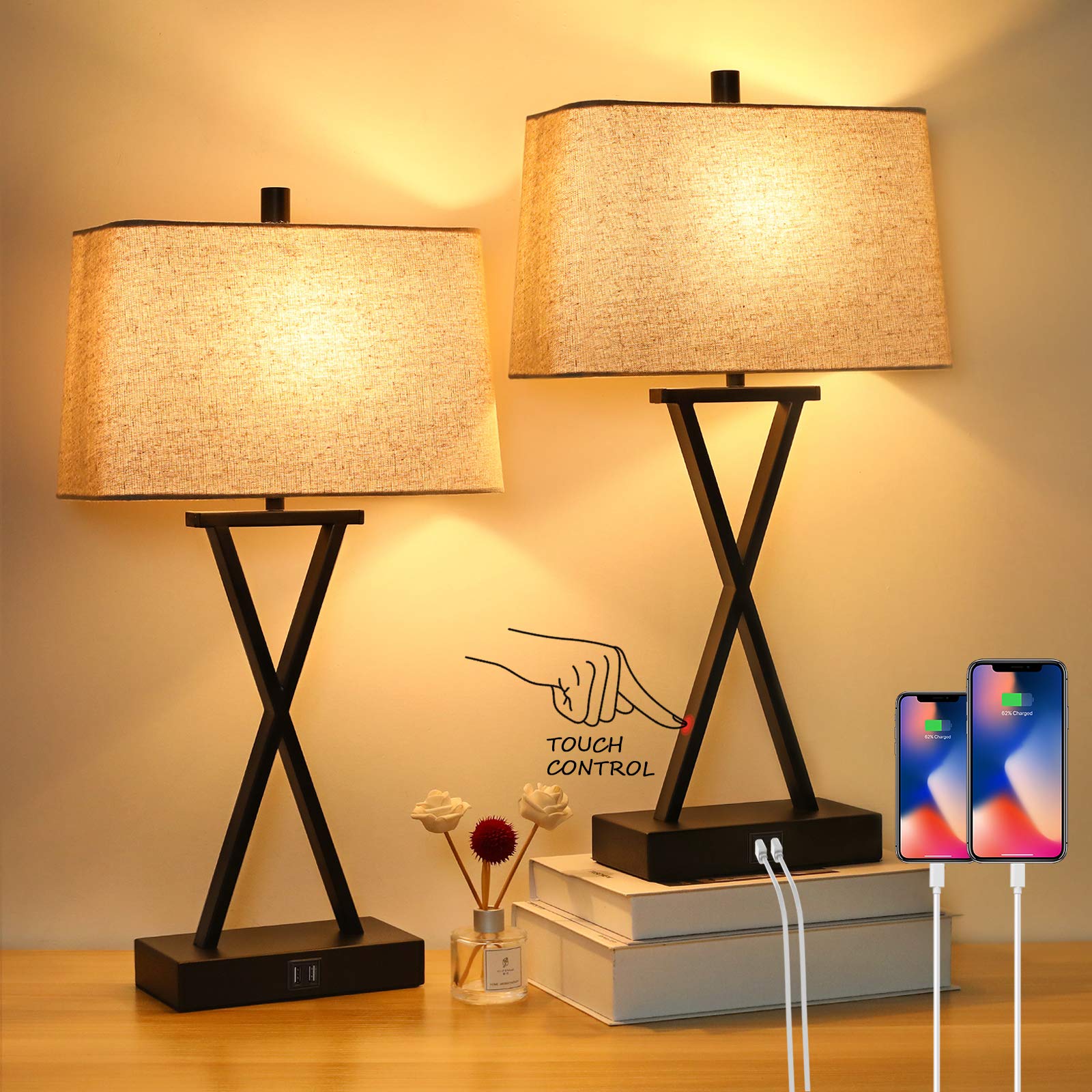 Bosceos Set Of 2 Touch Control 3-Way Dimmable Table Lamp Modern Nightstand Lamp With 2 Usb Port Bedside Desk Lamp With Fabric Shade For Living Room Bedroom Hotel, Cream, Bulbs Included