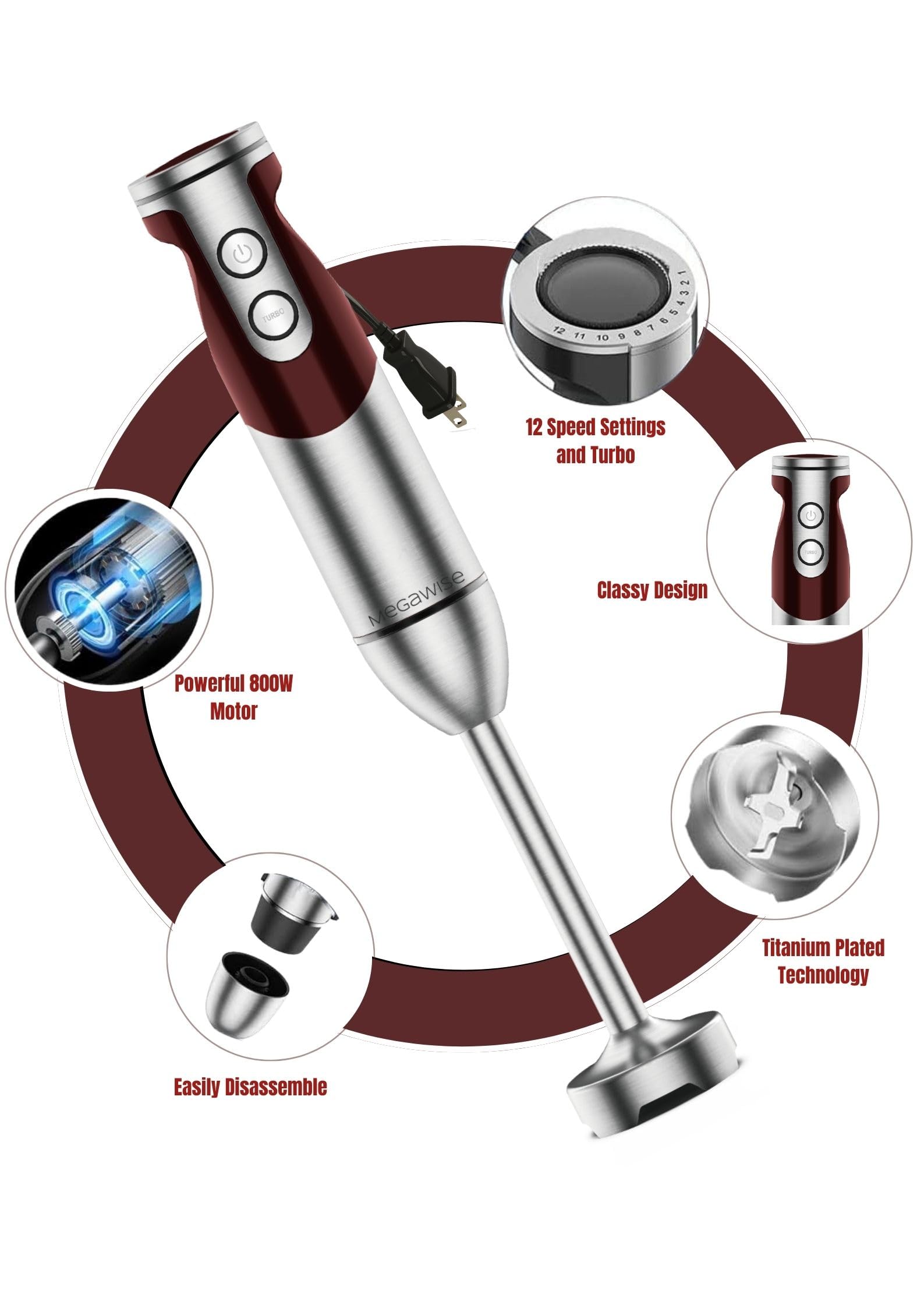 Megawise 3- In-1 Immersion Hand Blender, Powerful Motor & Stainless Steel Stick Blender, 4 Sharpe Blades With Whisk, Milk Frother Attachments