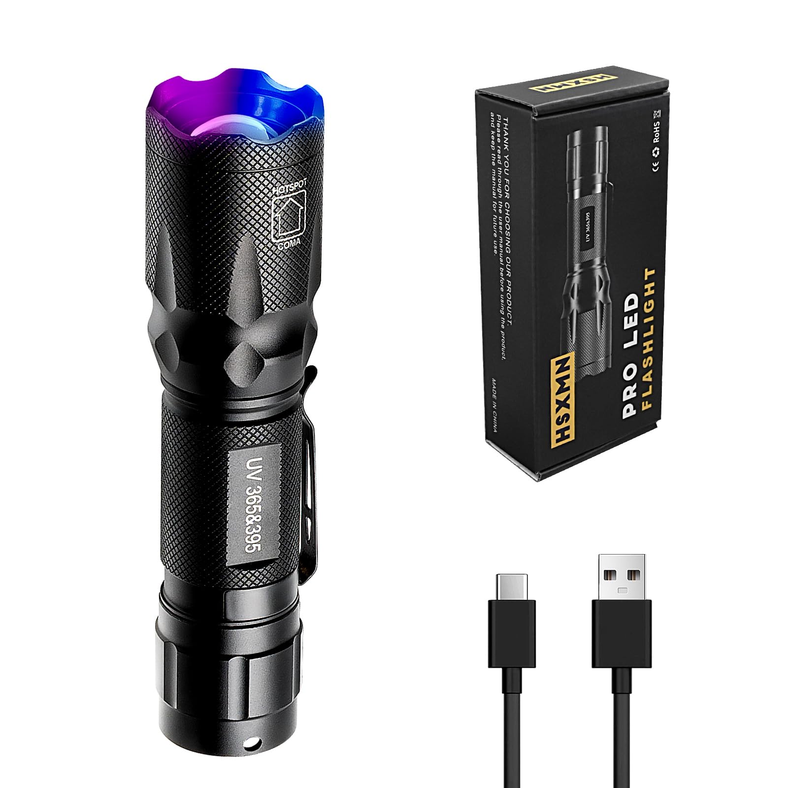 Hsxmn Usb-C Rechargeable Ultraviolet Flashlight, 365Nm 395Nm Dual Uv Flashlight, Blacklight Woods Lamp For Dog Urine Pet Stains, Ac Leak Detection/Resin Curing, Uranium Glass, Scorpions Finder