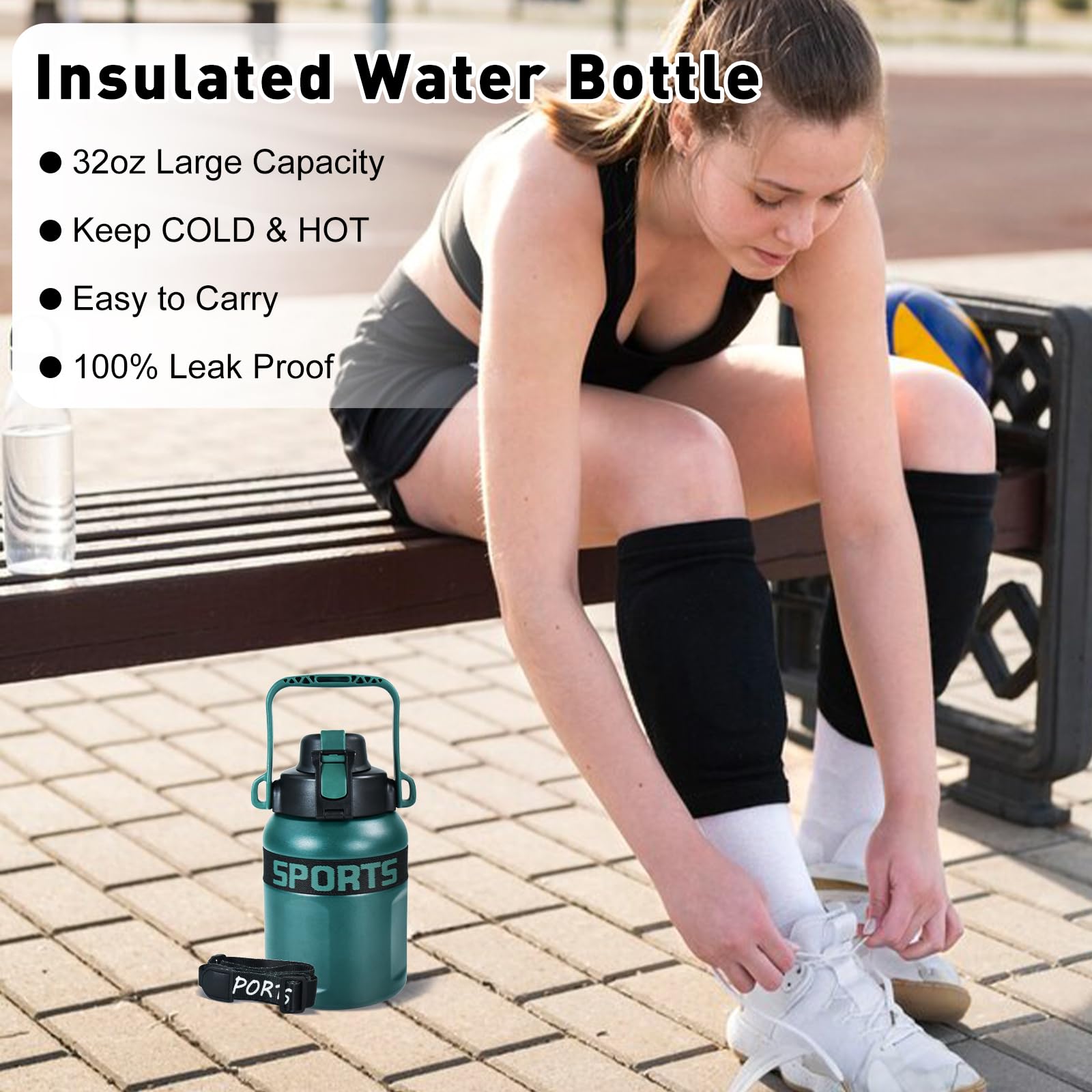 Leak-proof sports water bottle with strap, straw lid, and thermal insulation