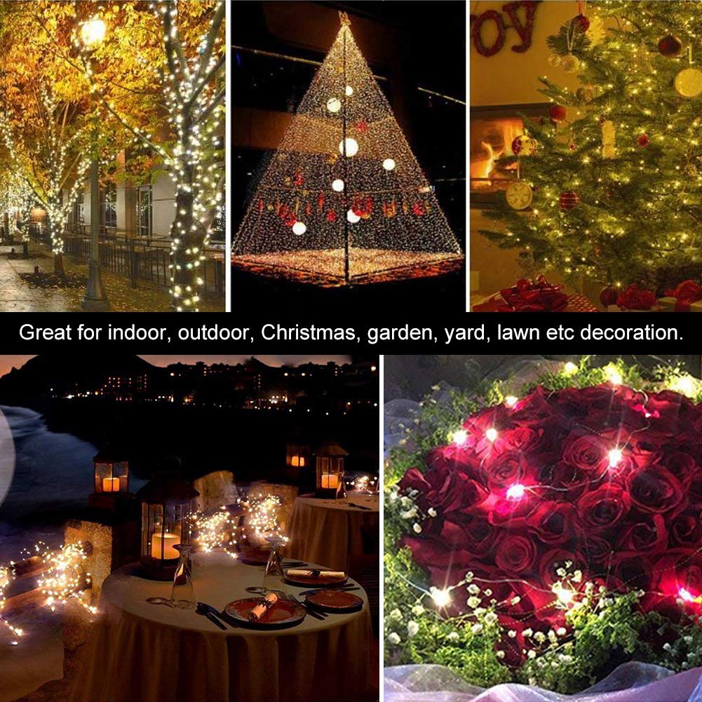 Walfront 32.8Ft 100Led Solar Copper Wire String Light 8 Modes Garden Decoration Decorative Fairy Warm Lights, Solar Light