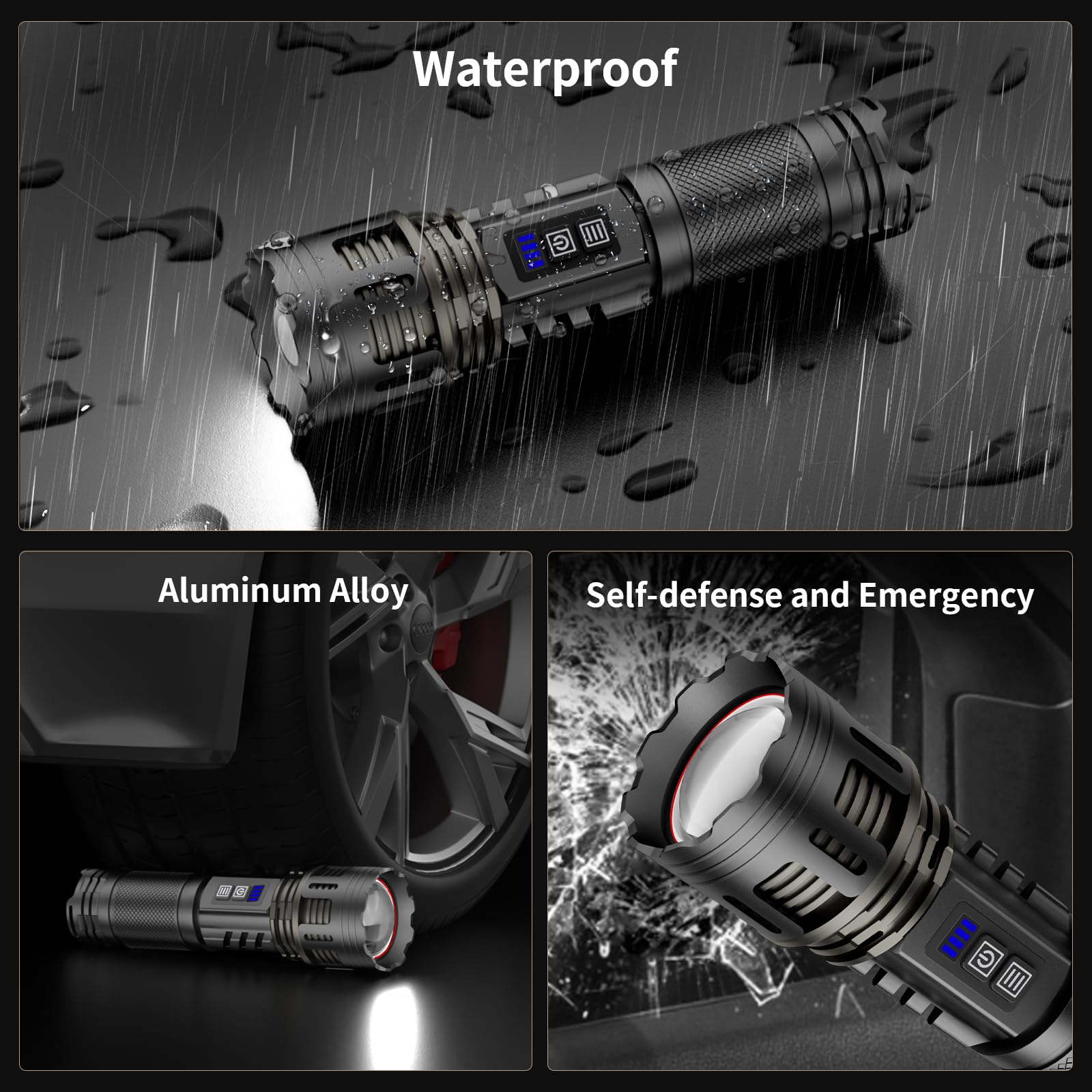 Skyfire Led Rechargeable Flashlight 2000000Lm High Lumens With Ambient Lamp,Super Bright Utility Flashlights With 2 Colors,Focusable,Waterproof Flash Light For Camping Essentials,Outdoor&Home-Black