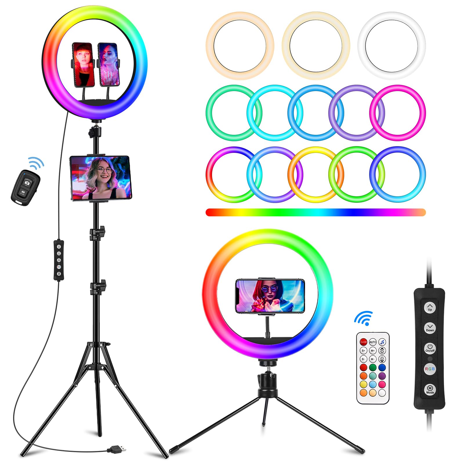 Stally 12.3" Ring Light With Stand 75" Tall And 2 Phone Holder, Ring Light Tripod For Iphone With 3 Cct Mode & 29 Color Modes, Remote Shutter, Desk Tripod, Great For Live Stream/Makeup/Youtube/Tiktok