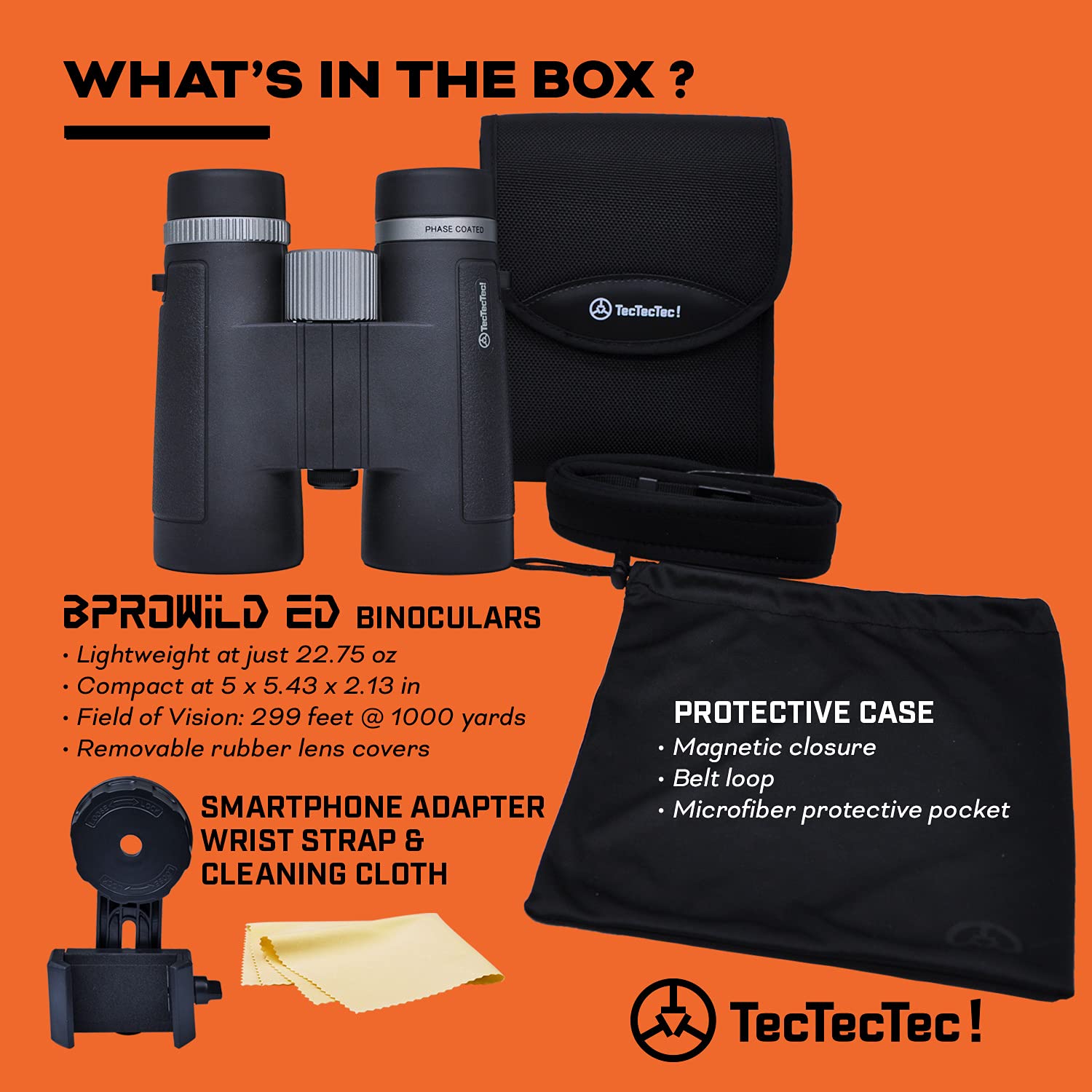 Tectectec Bpro Wild 10X42 Ed Hunting Binoculars Outdoors Birdwatching Hd Professional Binoculars With Phone Mount Strap Carrying Bag For Travel Sports, And Watching Wildlife Scenery - Black