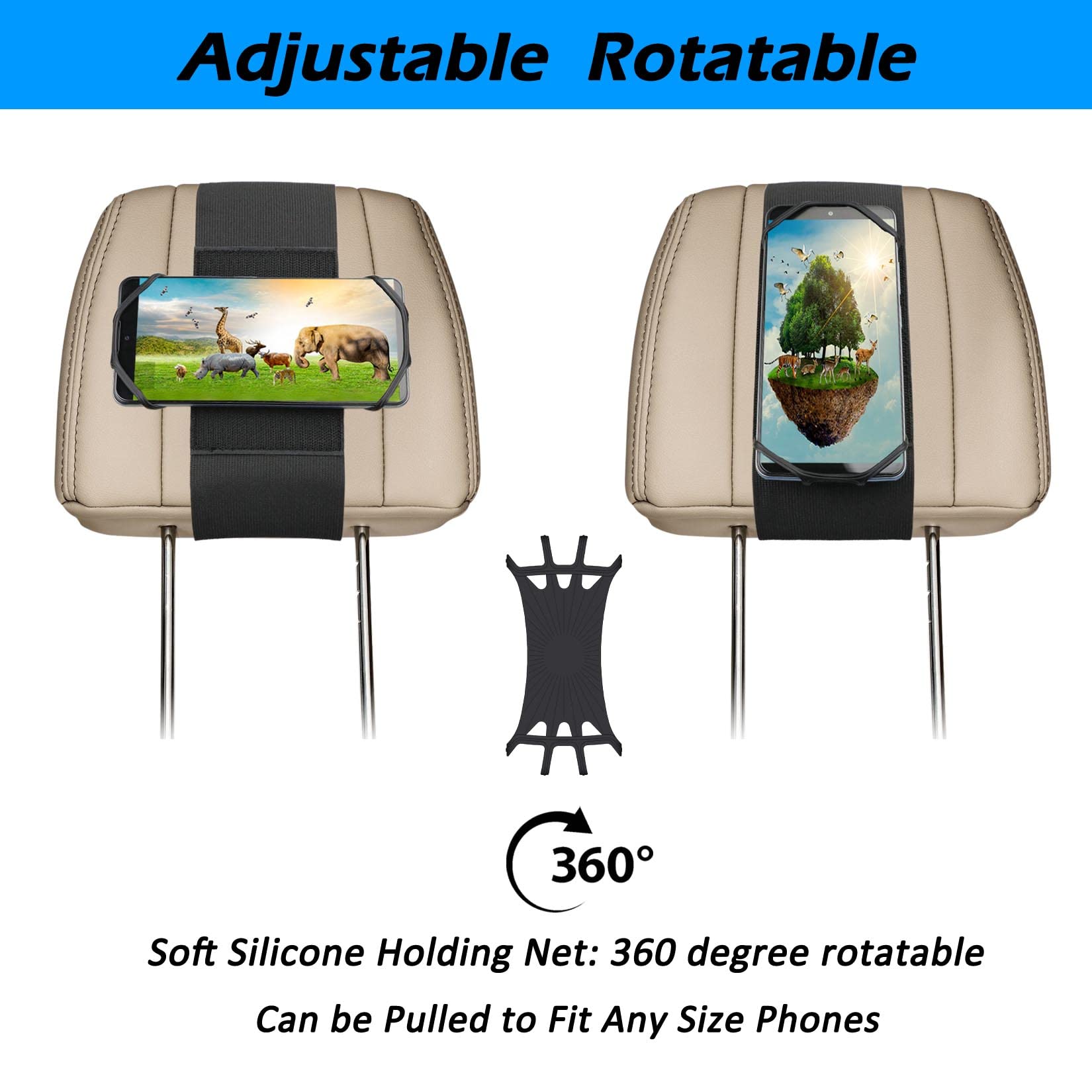 Wellmete Car Headrest Phone Holder For Kids Back Seat - Compatible With Iphone, Samsung And Other Cell Phones - Soft Adjustable Silicone Holding Net (For Phone 2 Pack)