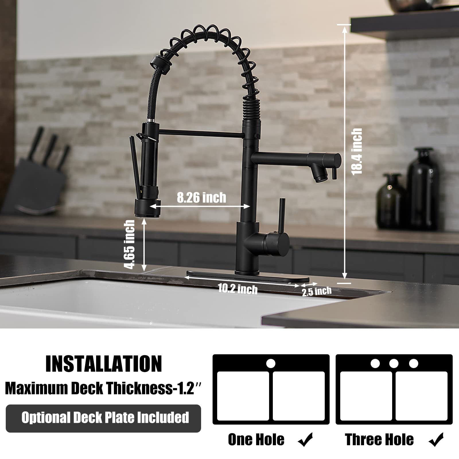 Greenspring Matte Black Kitchen Sink Faucet With Sprayer Commercial Single Handle High Arc Spring Kitchen Faucet With Cover Plate