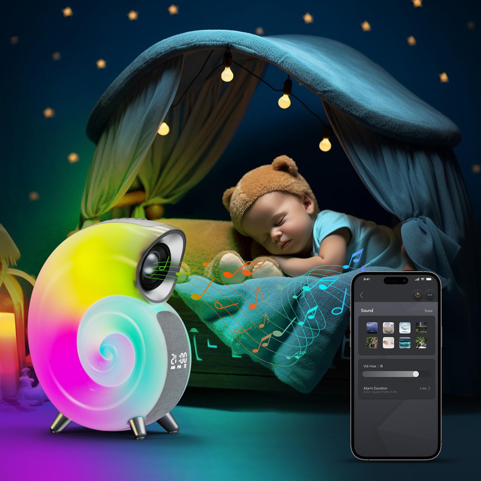 Leenabao Conch Music Speaker, Smart Atmosphere Light, Alarm Clock, Dynamic Night Light Table Lamp, App Control With 2000Mah Battery (Grey)