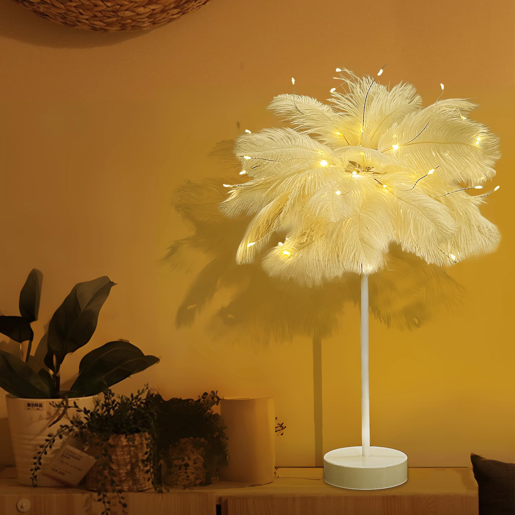 Iticdecor Ostrich Feather Lamp Metal Table Lamp Led Decorative Atmosphere Night Lights Bedside Lamps For Home Party Wedding Decoration For Dad Mom Wife Girlfriend Teen Girls(White)