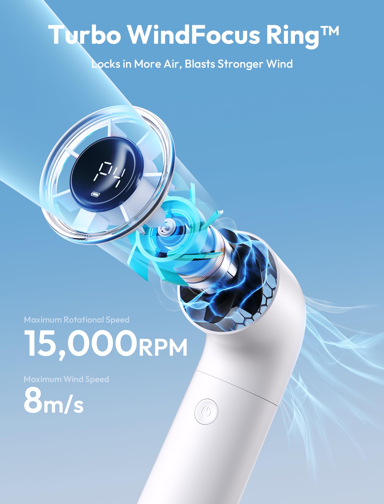 Aecooly turbo mini fan with 15000 RPM, 8 hours of cooling power, perfect for personal cooling on-the-go