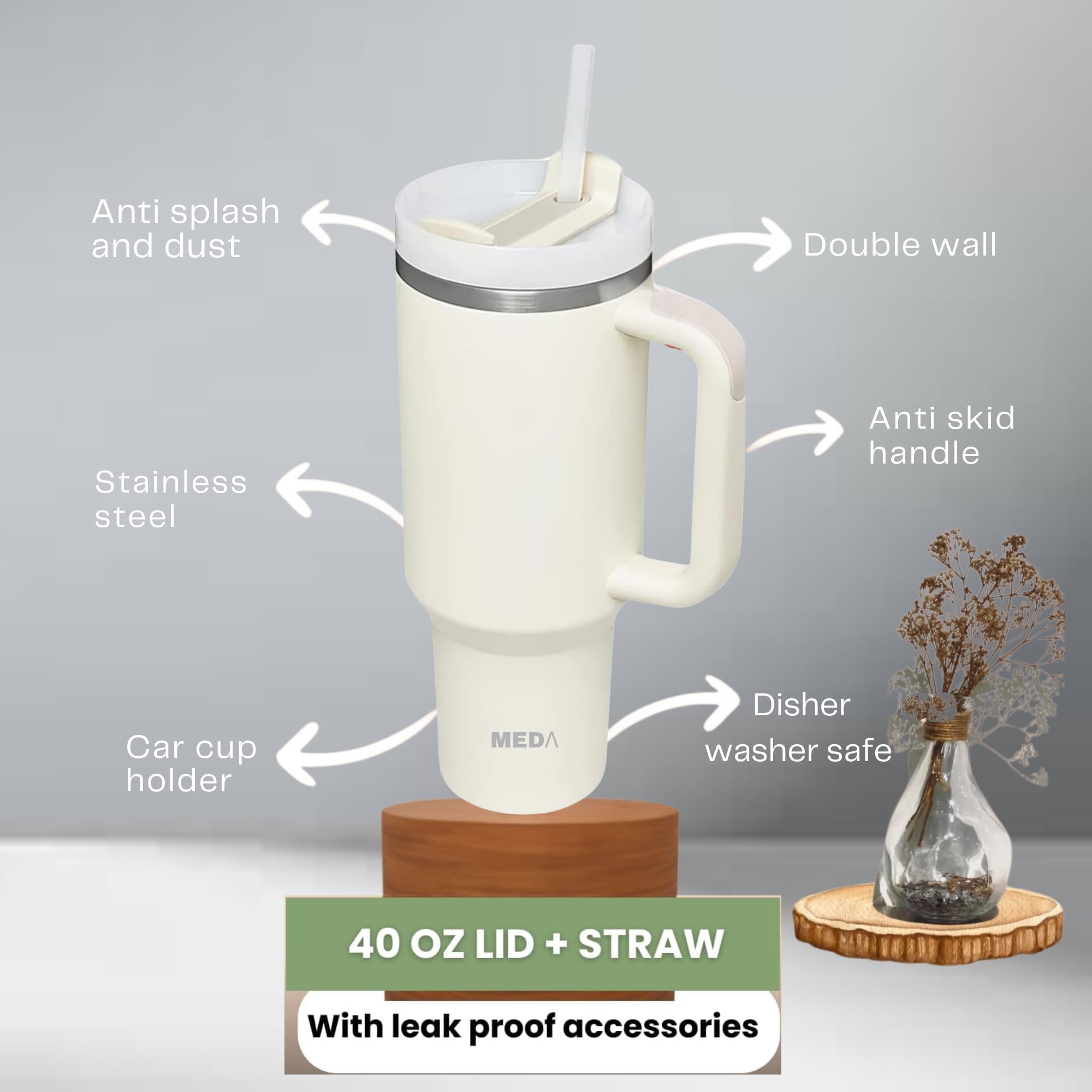 Tumbler With Lid & Straw 40Oz  Leak Proof ,Insulated, Reusable Travel Coffee Mug Stainless Steel