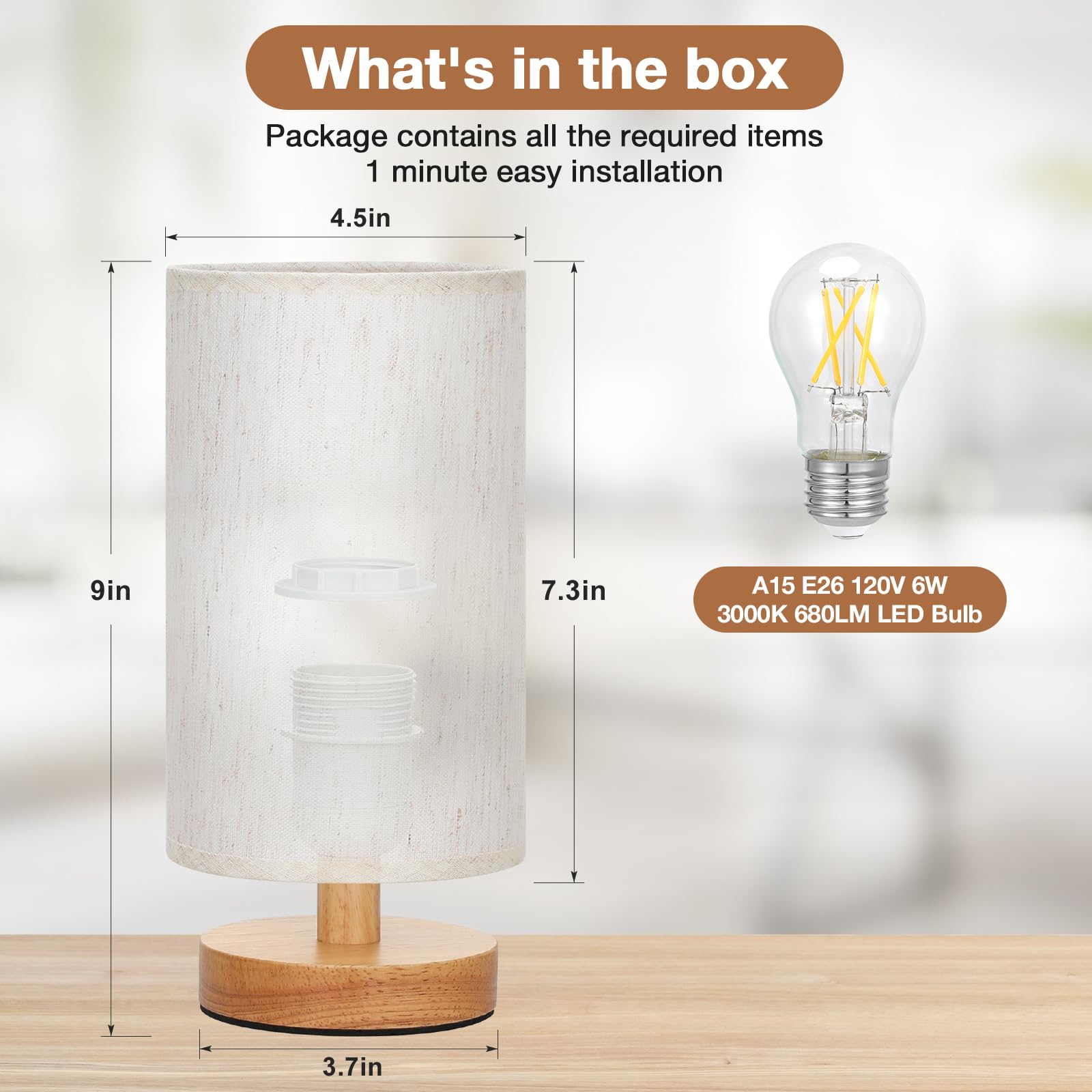 Fenmzee Small Table Lamp For Bedroom - Inline Control, Bedside Lamp With 3000K A15 Led Blub, Easy Assembly (Cream Shade - Wood Base, 9" Inline Control)