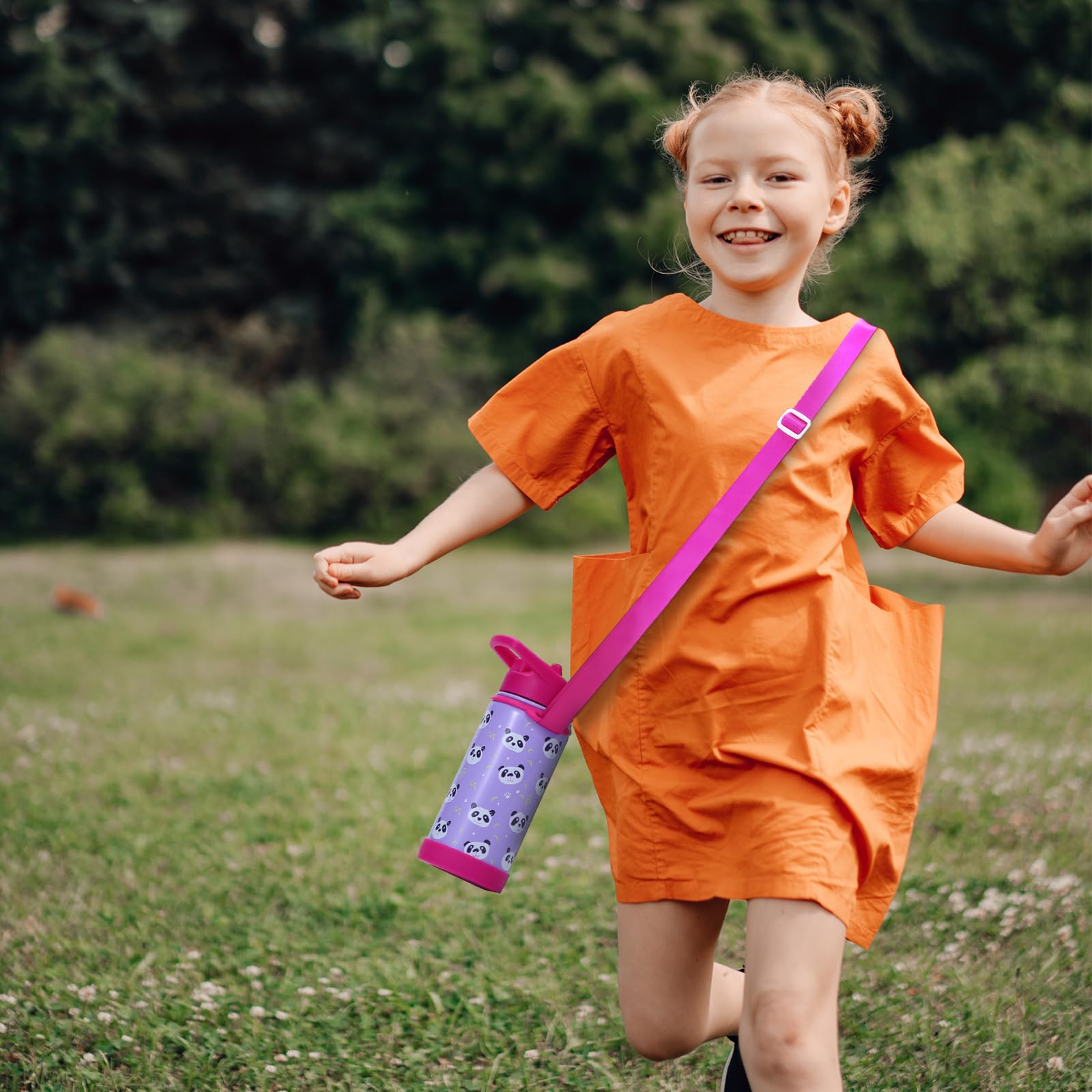 Kids Insulated Water Bottle With Straw Lid, 14Oz Double Wall Stainless Steel Cup With Boot & Strap