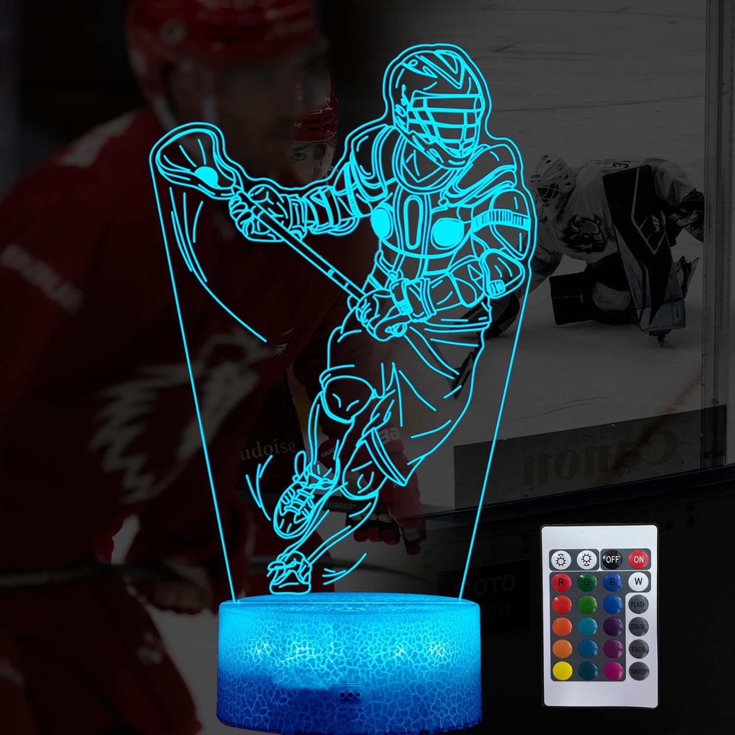 Xonyoom Lacrosse Night Light With Remote Control 3D Lacrosse Player Night Light 16 Colors Changing, Rgb Flashing Mode And Dimmable Table Desk Lamp Home Decoration