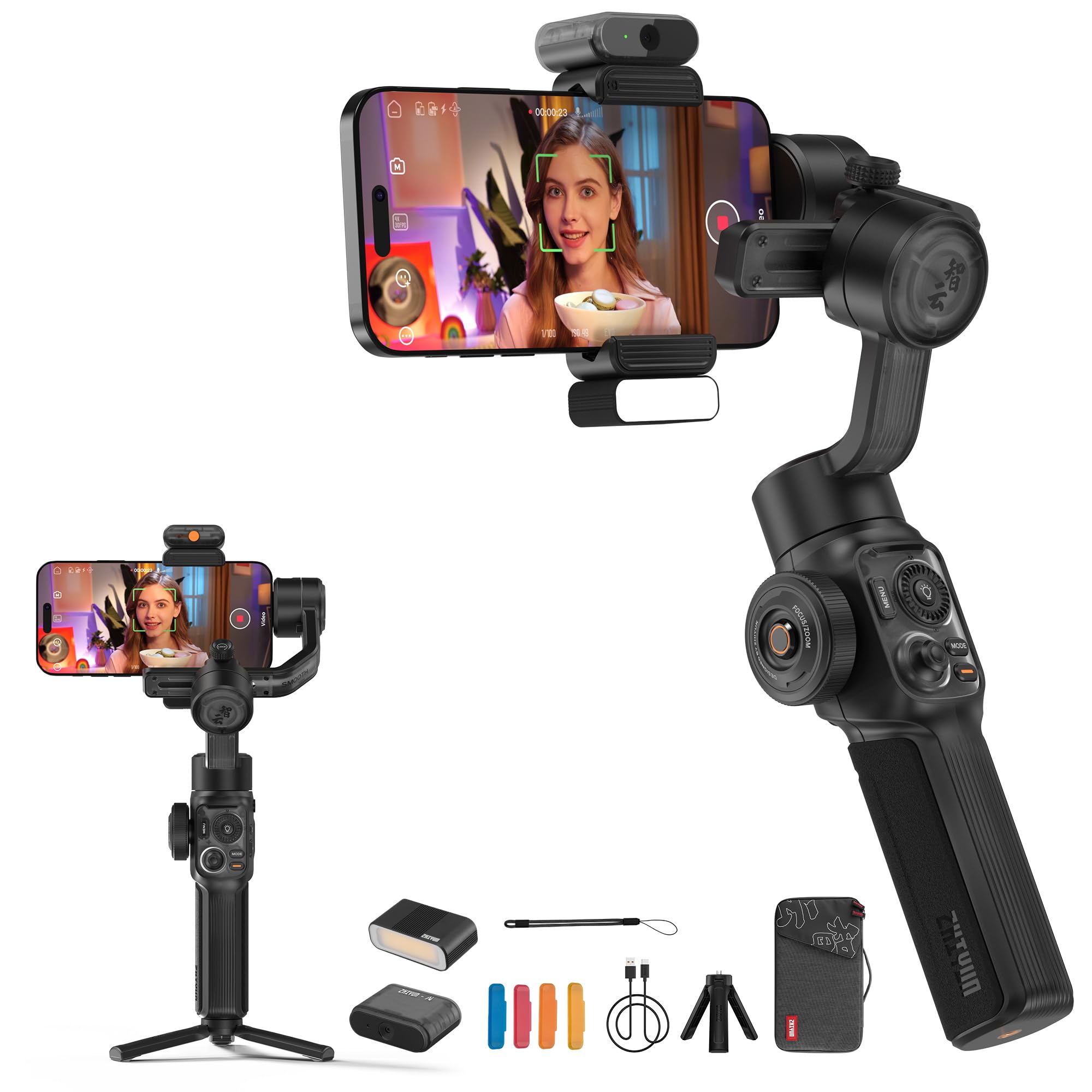 Zhiyun Smooth 5S Ai Pro Gimbal 3-Axis Handheld Stabilizer All In One Design For Mirrorless Cameras With Sony A6600,A6100,Fujifilm,Canon M50,M5,For Gopro Hero10/9/8/7, Iphone 13/12 Max