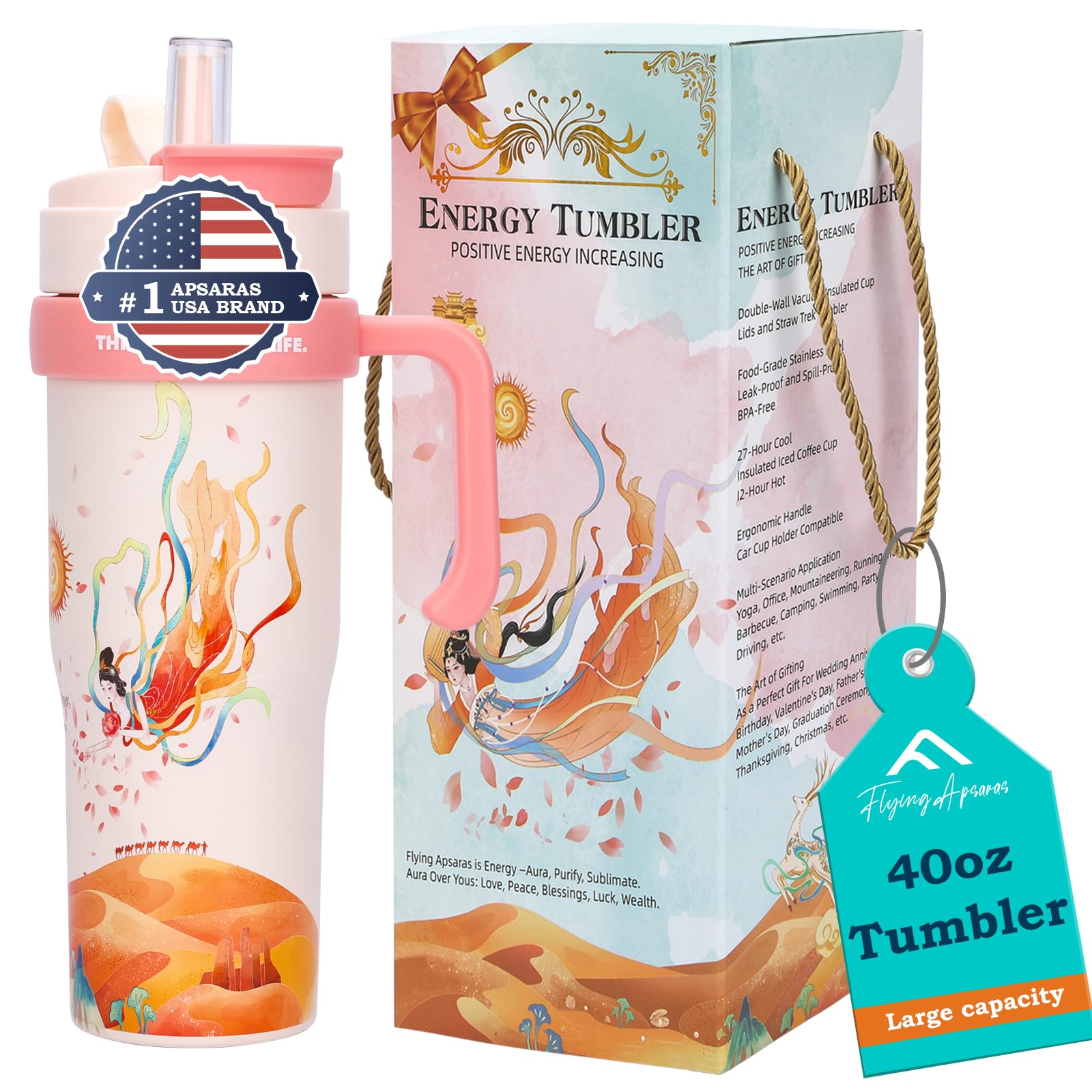40Oz Tumbler With Handle And Straw,Apsaras Spill Proof Water Bottle With Straw,Cups With Lids