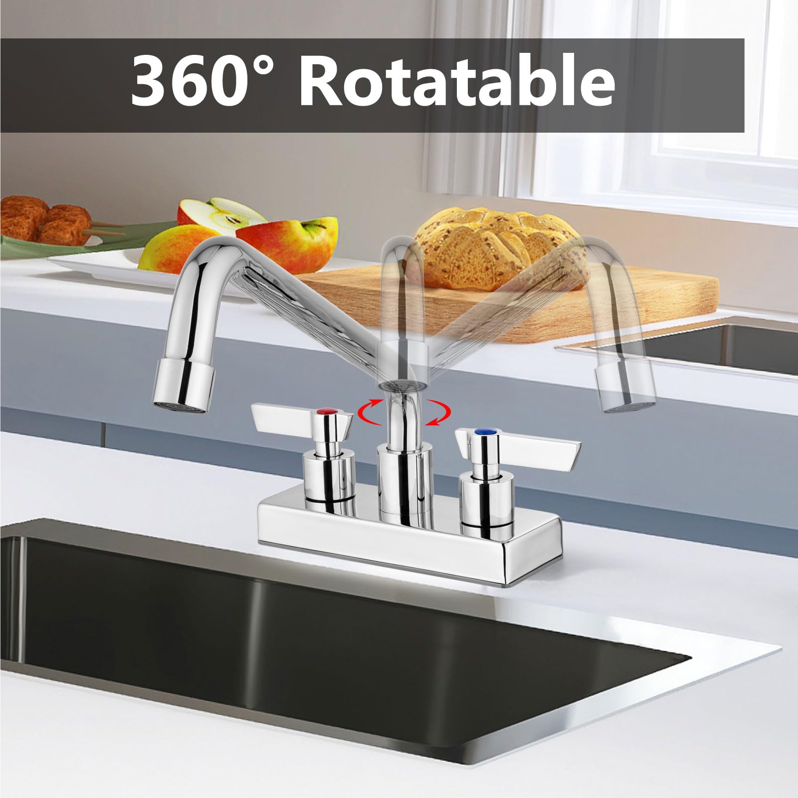 Gbbne Commercial Kitchen Faucet Bar Sink Faucet 4 Inch Center Deck Mount Utility Laundry Faucet 2 Hole With Double Handle Polish Chrome With 12 Inch Spout