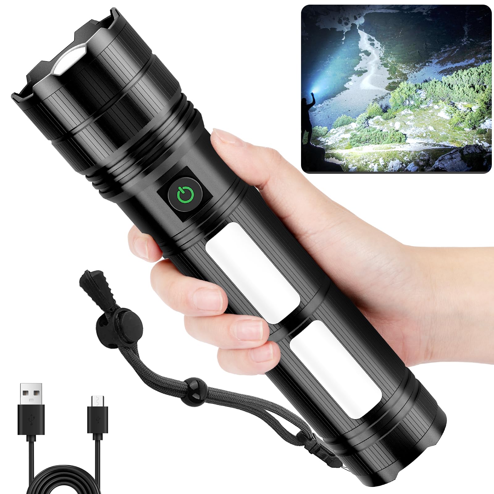 Kingcaesar Rechargeable Flashlights 1000000 High Lumens, Super Bright Flash Light With 2 Cob Light, High Powered Led Flashlights With 4 Modes, 7200 Mah & 24 Hours, Ipx7 Waterproof For Outdoor, Home