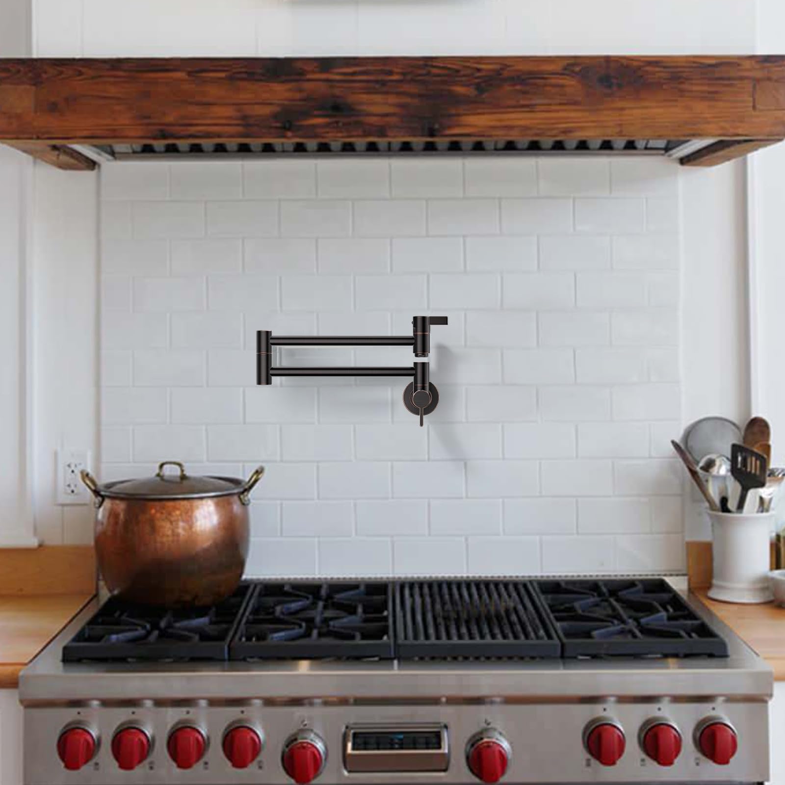 Arcora Pot Filler Faucet Oil Rubbed Bronze, Traditional Pot Filler Wall Mount 2 Handle With Double Joint Swing Arms Brass Stove Faucet