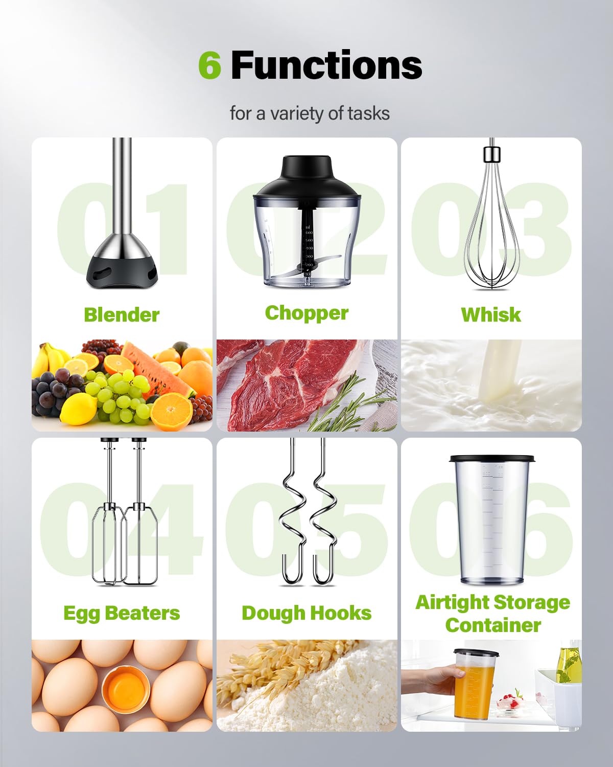 Gdor 1000W 6-In-1 Immersion Blender Handheld, Stainless Steel Scratch Resistant Hand Blender With 20 Speeds, Hand Mixer With Whisk, Chopper, Beaker, Egg Beaters And Dough Hooks, Black