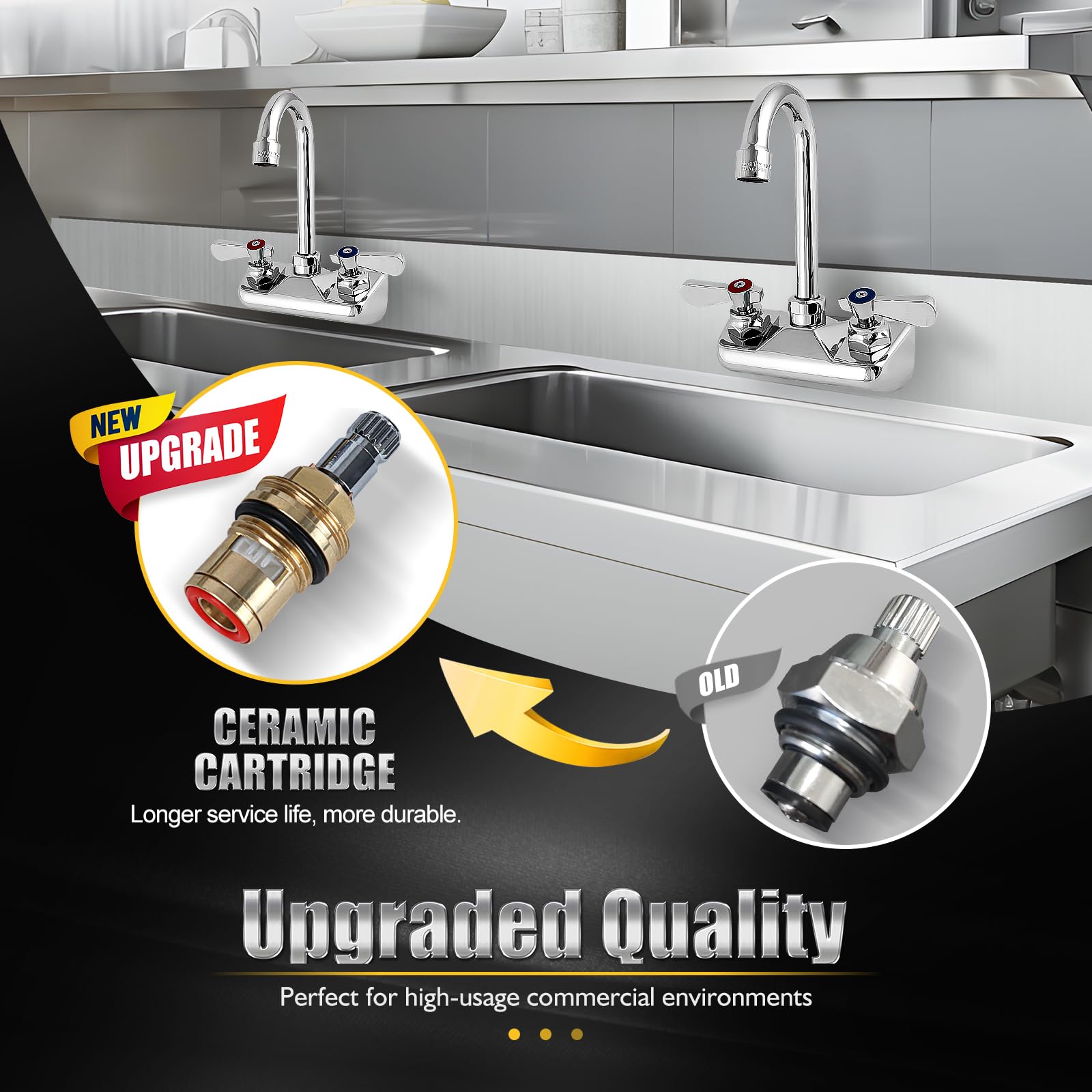 Zkdausdo 4 Inch Center Commercial Sink Faucet Wall Mount Kitchen Hand Sink Faucet, Ceramic Valve, Premium Brass, Chrome Finish, 3-1/2" Gooseneck Spout, Easy-Use Dual Lever