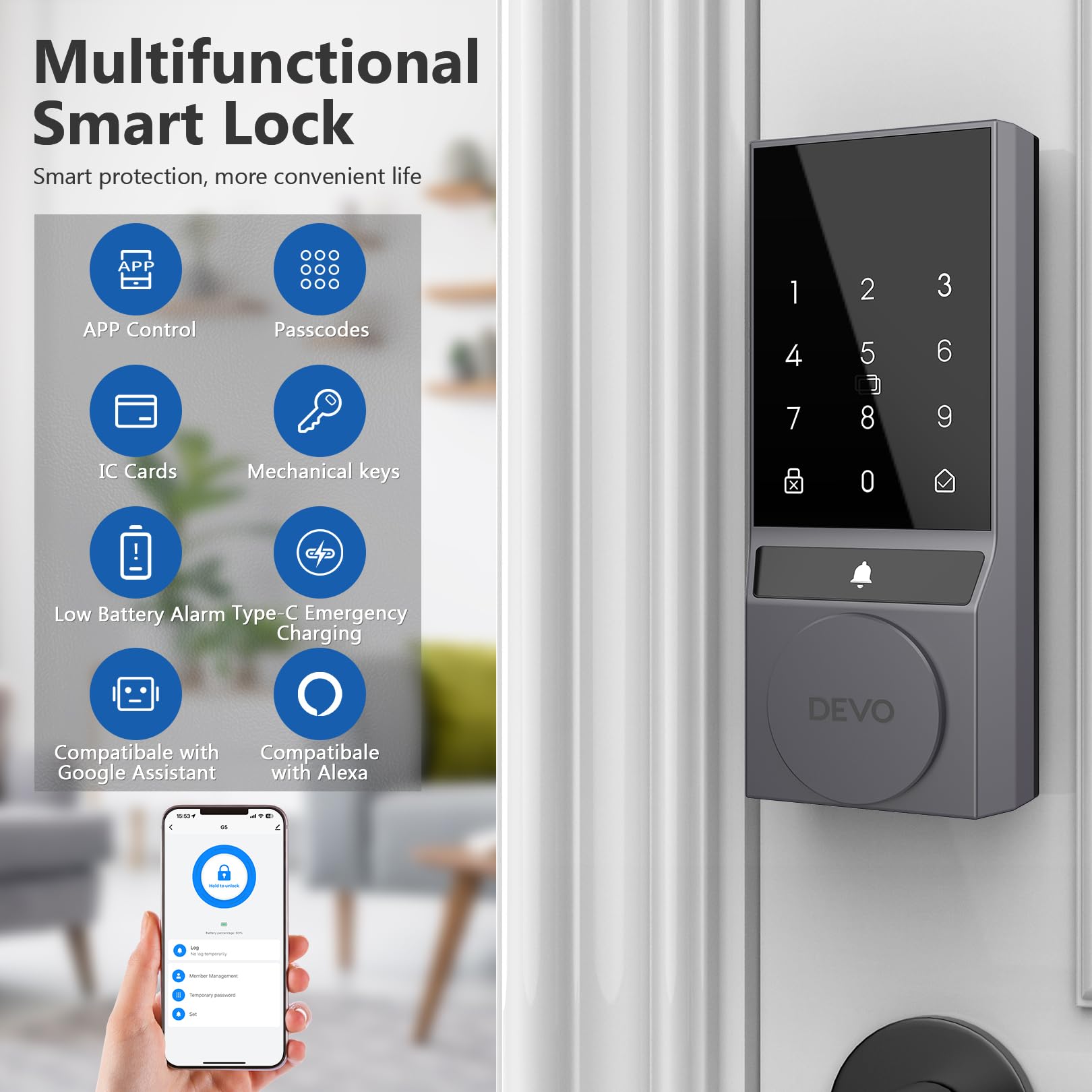 Devo Smart Lock, Keyless Entry Door Lock For Front Door, Bulit-In Wifi Deadbolt, App Remote Control, Digital Smart Locks, Electronic Touchscreen Keypad, Auto Locks, Easy Installation(Gray)