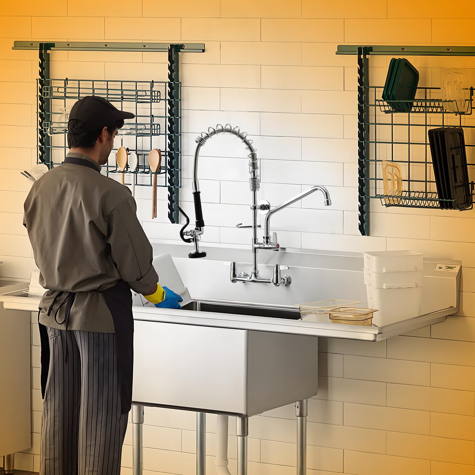 Gimili Commercial Kitchen Faucet Wall Mount With Pre-Rinse Sprayer 8 Inch Center Wall Mount Kitchen Sink Faucet Swing Spout 25" Height Faucet With Pull Down Spray