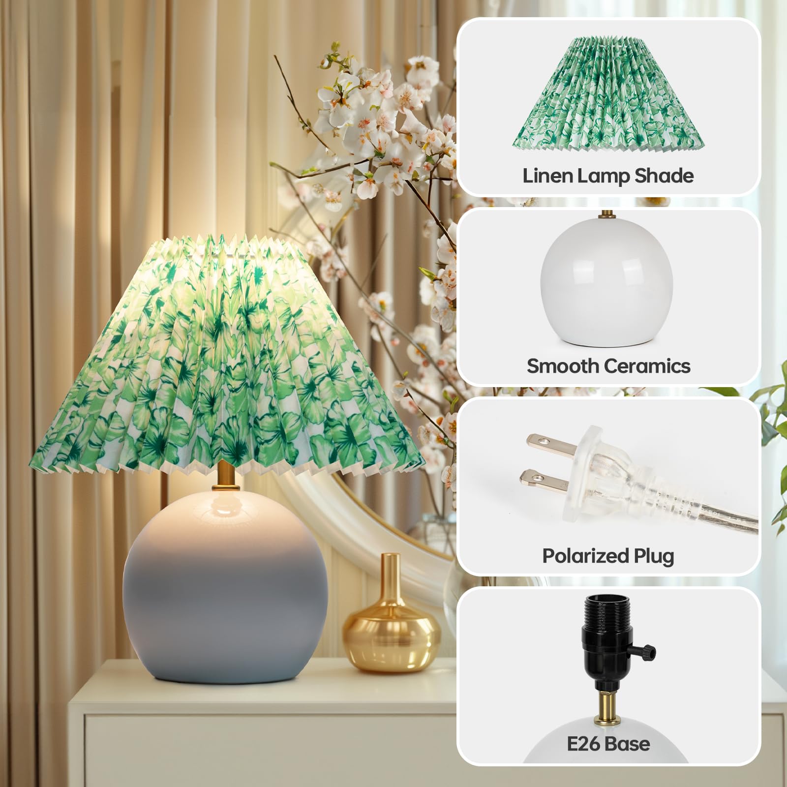 Eoeyyoyb Small Pleated Table Lamp, Bedside Lamps For Nightstand, Modern Lamp For Bedroom Home Office Decor (Green)