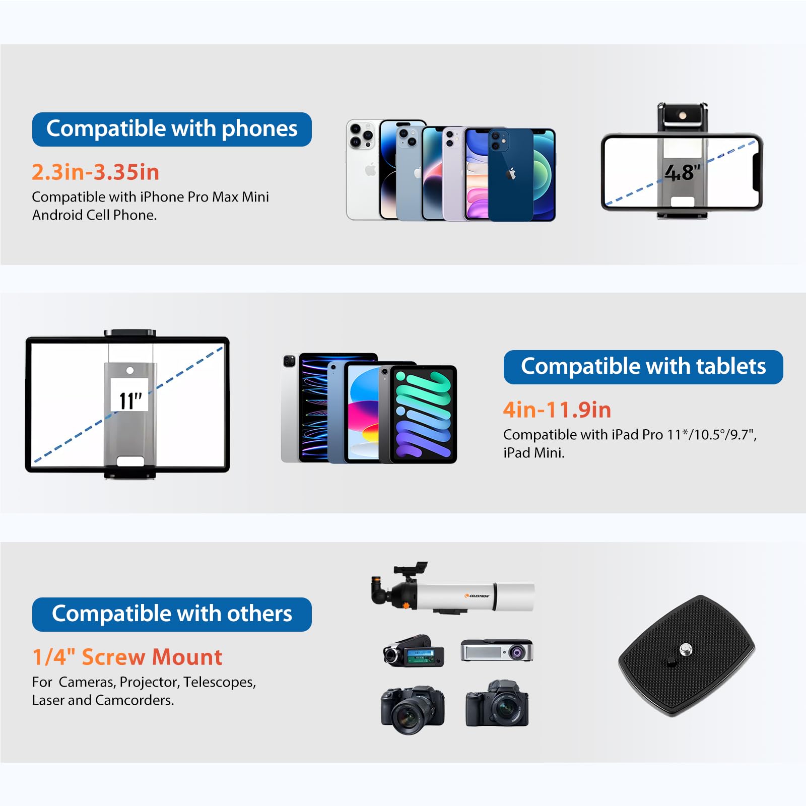 Zikzok 75" Heavy Duty Camera Tripod Stand With Bluetooth Remote - Max Load 15Lb, Aluminum Travel Tripod For Dslr/Phone/Tablet/Projector, 3-Way Pan Head & Quick Release Plate, Compact Foldable Design (Blue)