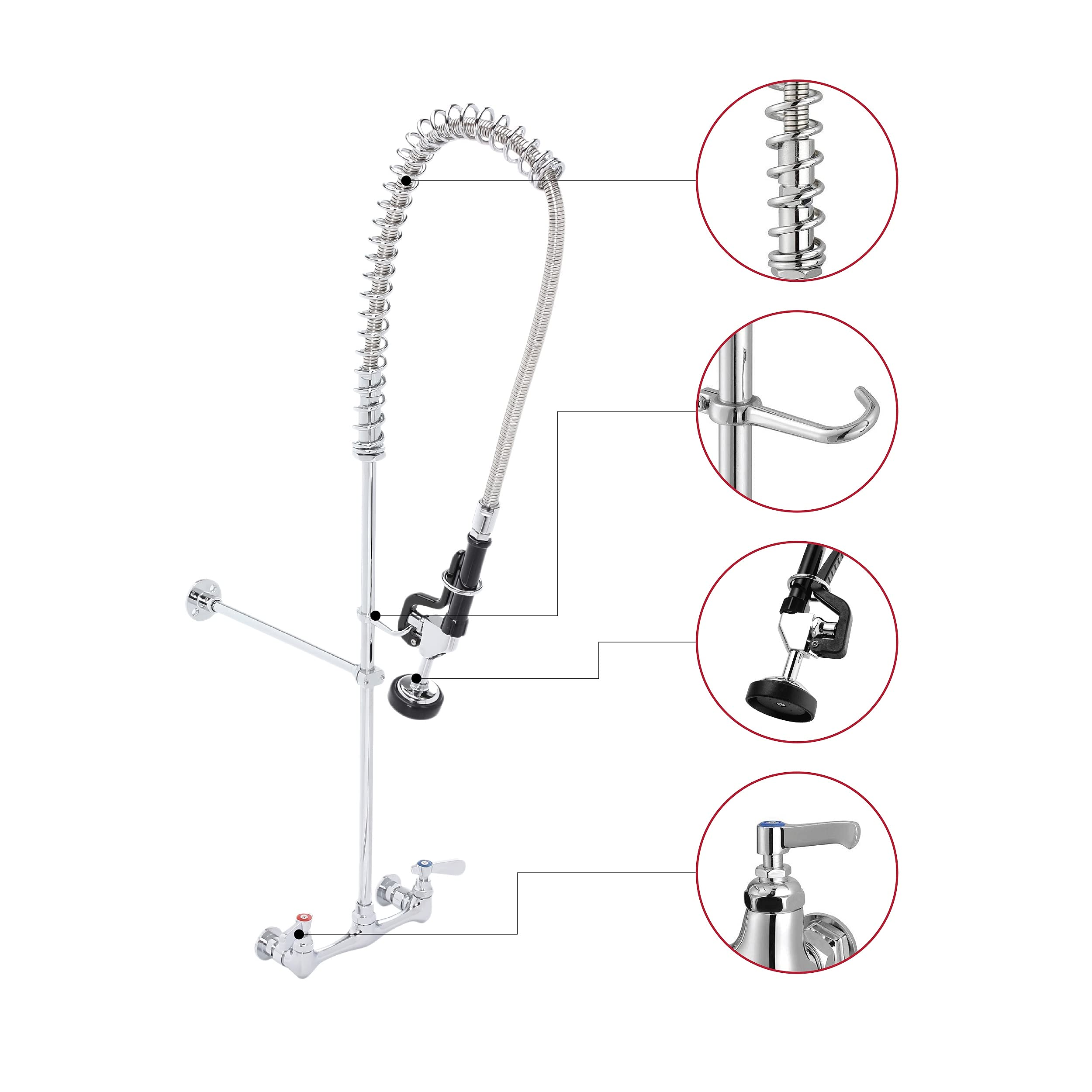 Durasteel Commercial Kitchen Sink Pre-Rinse Faucet - 38" Height 8" Center No-Lead Wall Mount Industrial Faucet W/ Pull Down Pre-Rinse Sprayer - Nsf