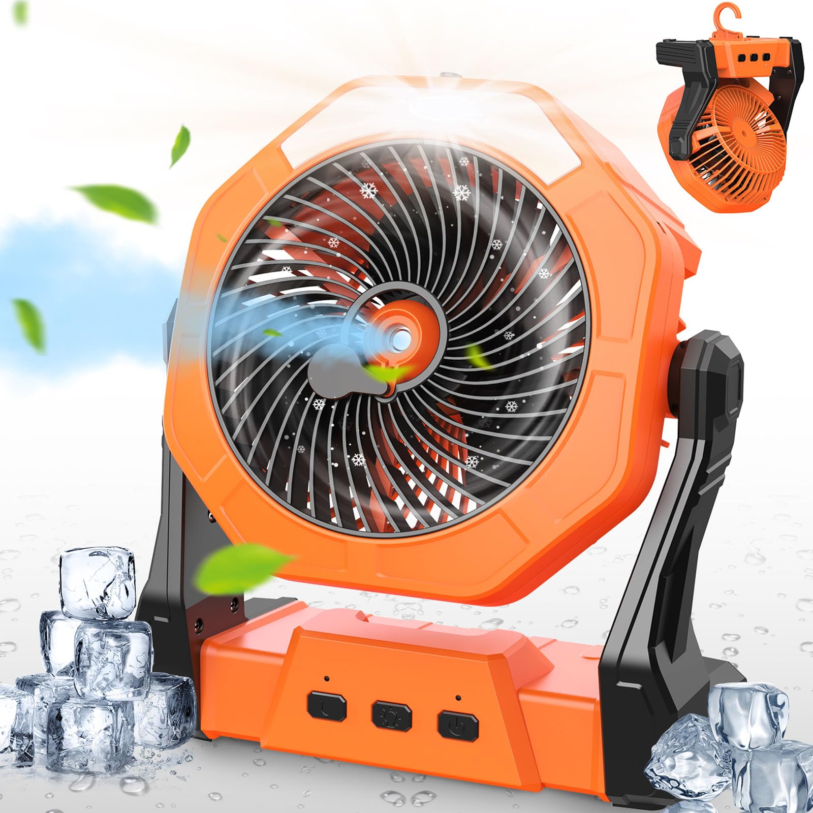 Ausic misting fan for portable outdoor cooling, battery-operated with rechargeable power, perfect for camping