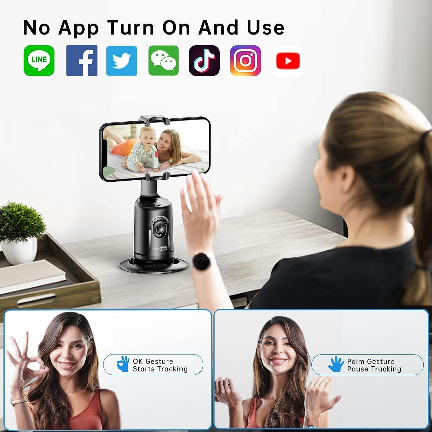Afarer Auto Face Tracking Phone Holder Tripod, 360° Rotation Selfie Phone Stand,Smart Face & Body Tracking Camera Mount For Tiktok, Vlog, For Youtube Live Streaming - Black