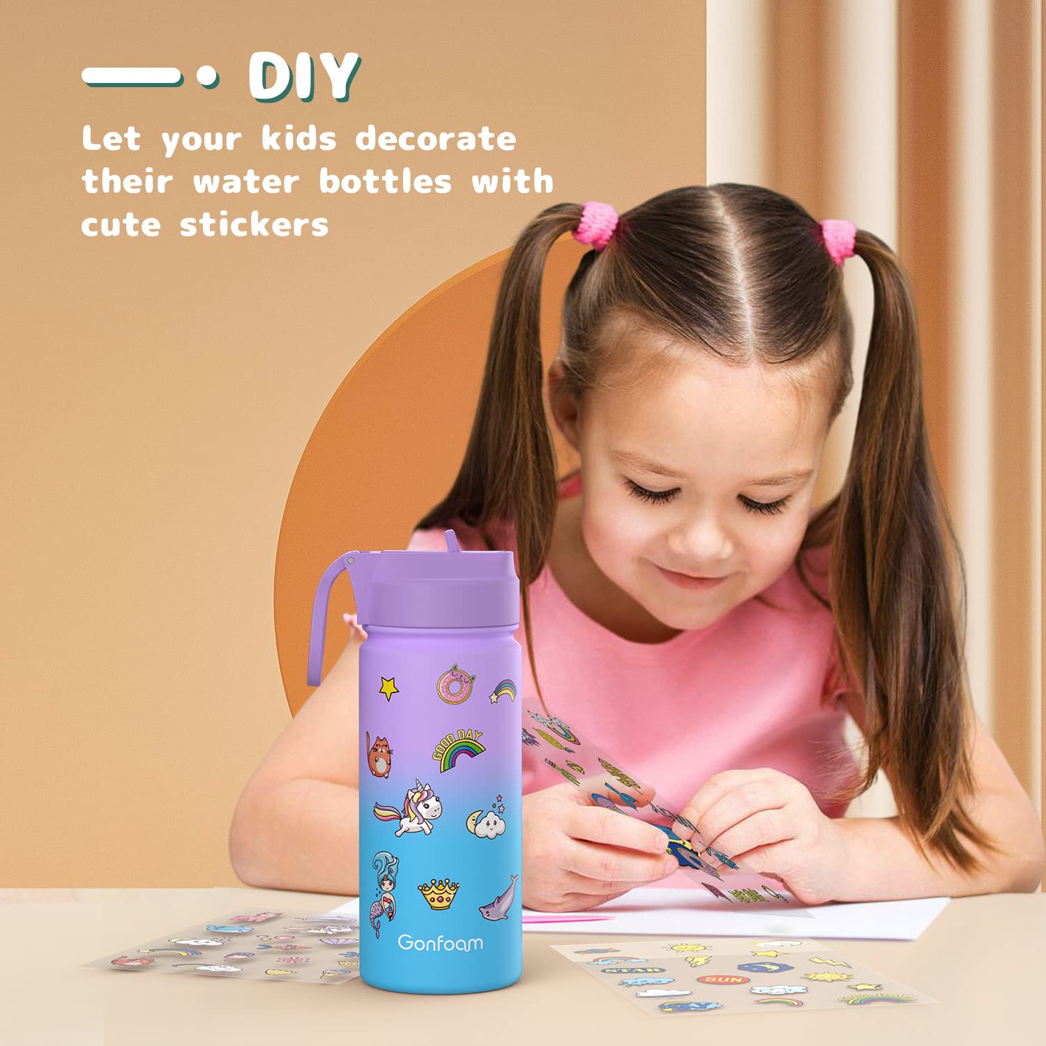 Kids Water Bottle, 2-Pack 16Oz Water Bottles With Stickers And Straw, Stainless Steel Vacuum